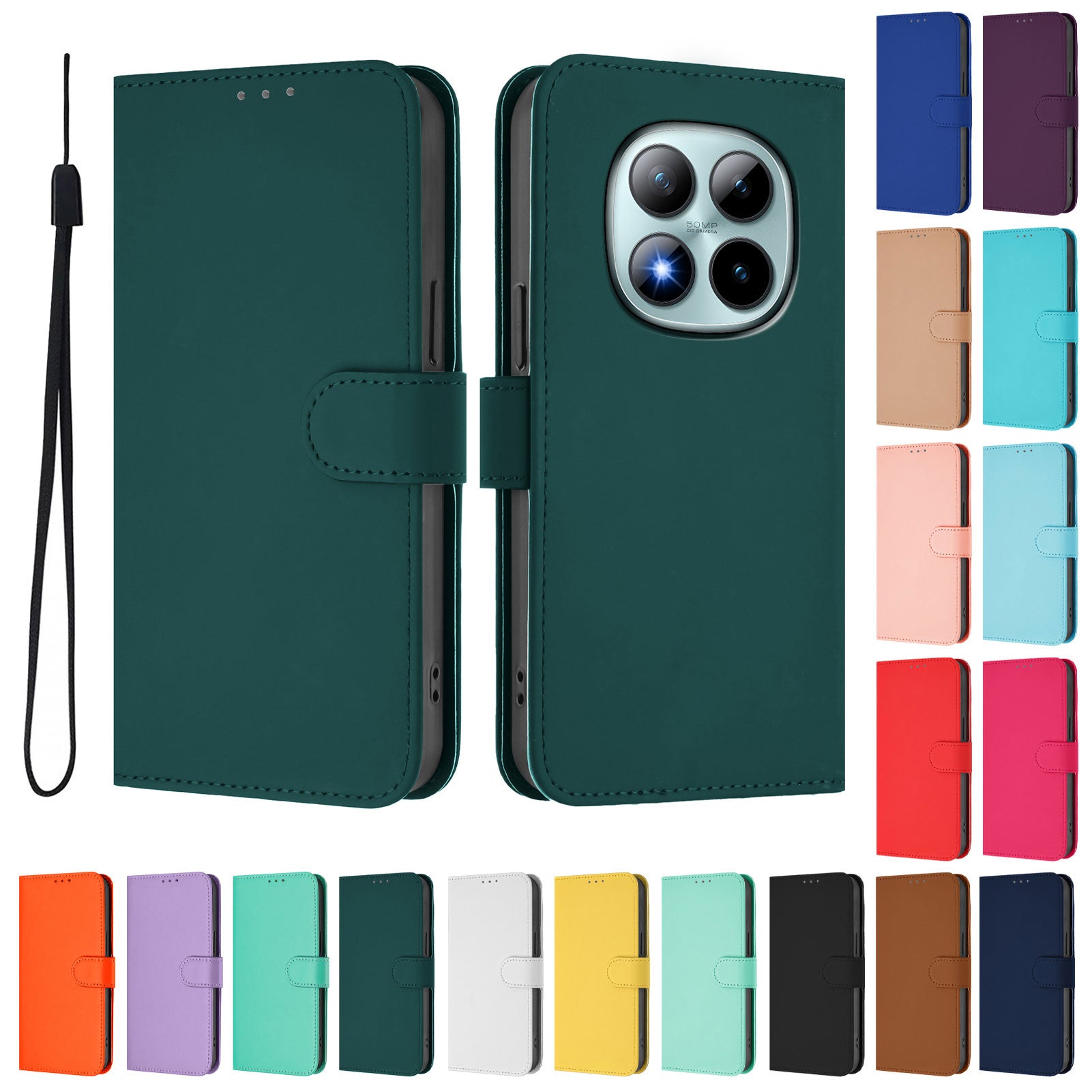 For Xiaomi Poco M8 Pro 5G / Redmi Note 15 Pro+ 5G (Global) Case Solid Color Wallet Leather Phone Cover with Strap - Dark Green