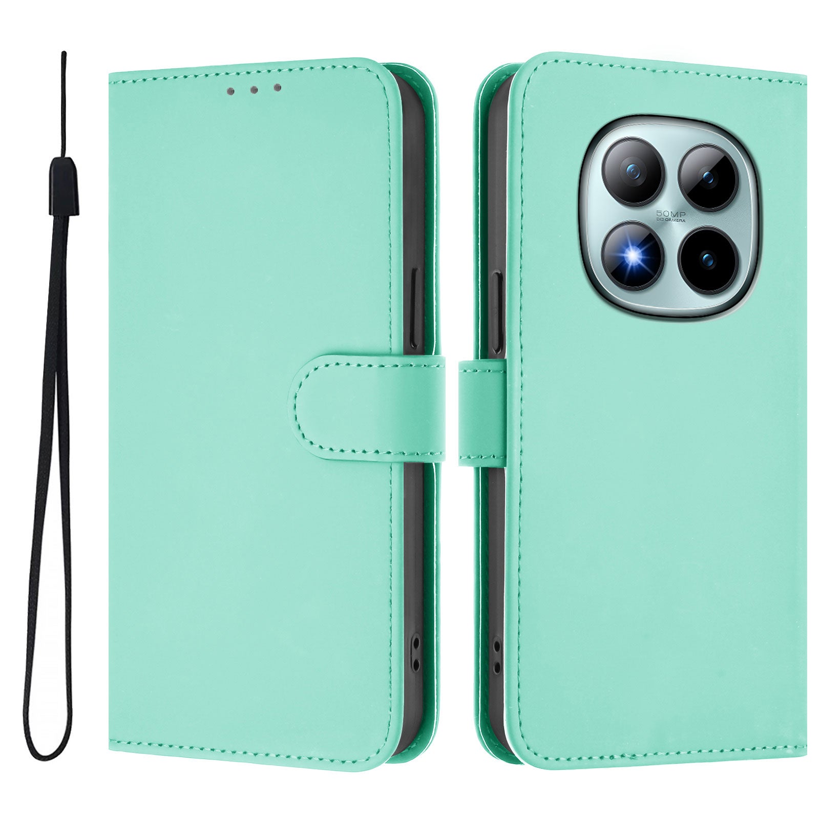 For Xiaomi Poco M8 Pro 5G / Redmi Note 15 Pro+ 5G (Global) Case Solid Color Wallet Leather Phone Cover with Strap - Mint Green