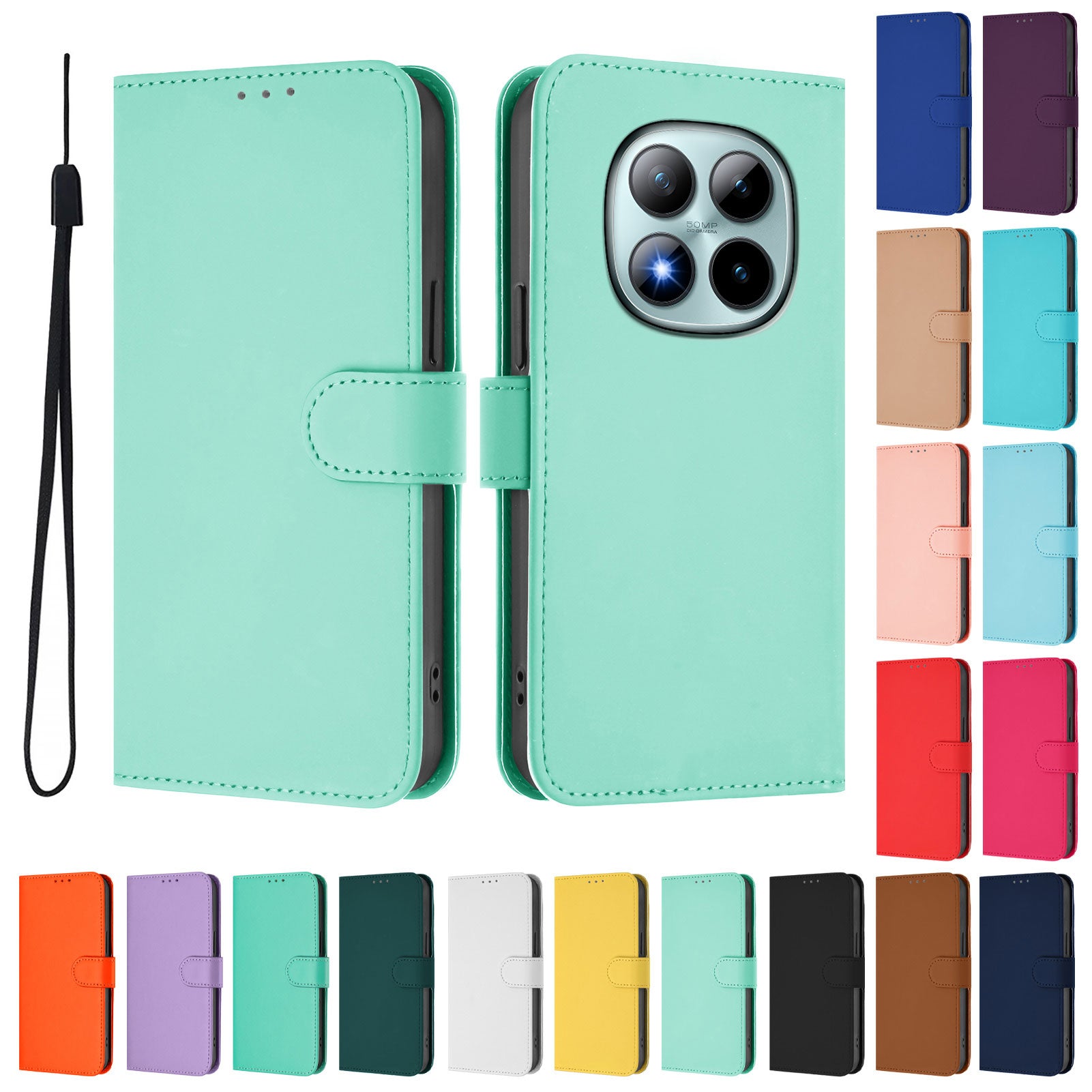 For Xiaomi Poco M8 Pro 5G / Redmi Note 15 Pro+ 5G (Global) Case Solid Color Wallet Leather Phone Cover with Strap - Mint Green