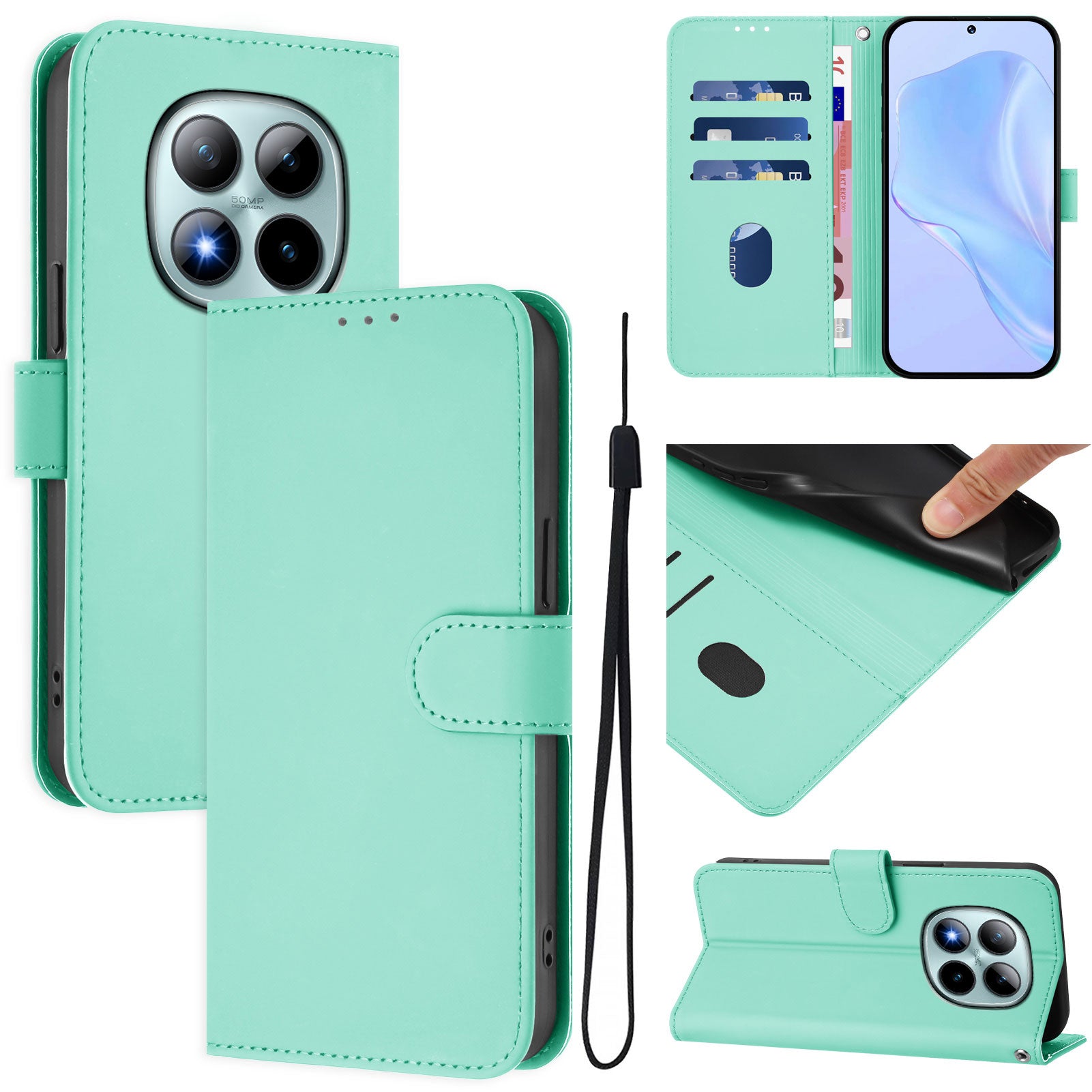 For Xiaomi Poco M8 Pro 5G / Redmi Note 15 Pro+ 5G (Global) Case Solid Color Wallet Leather Phone Cover with Strap - Mint Green