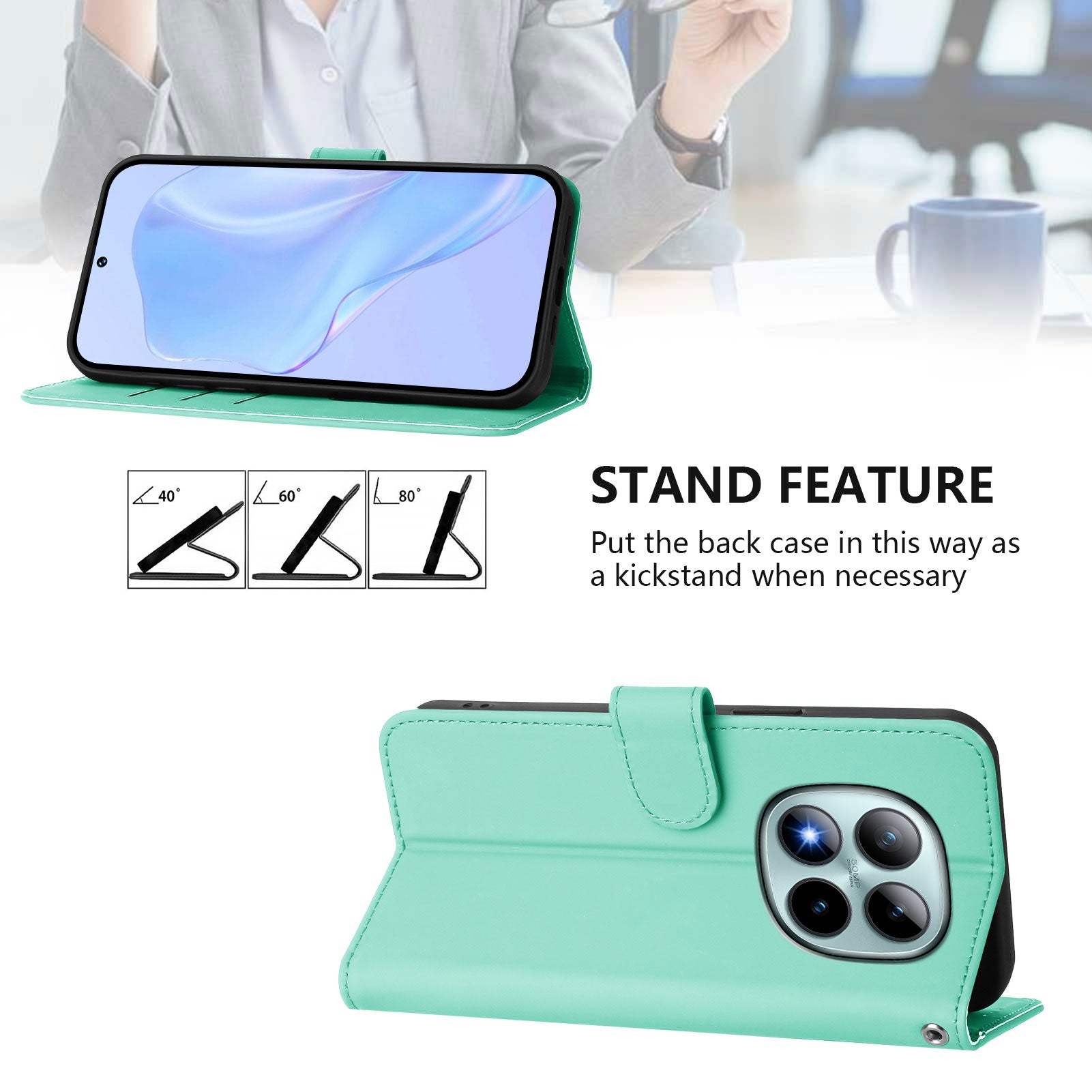 For Xiaomi Poco M8 Pro 5G / Redmi Note 15 Pro+ 5G (Global) Case Solid Color Wallet Leather Phone Cover with Strap - Mint Green