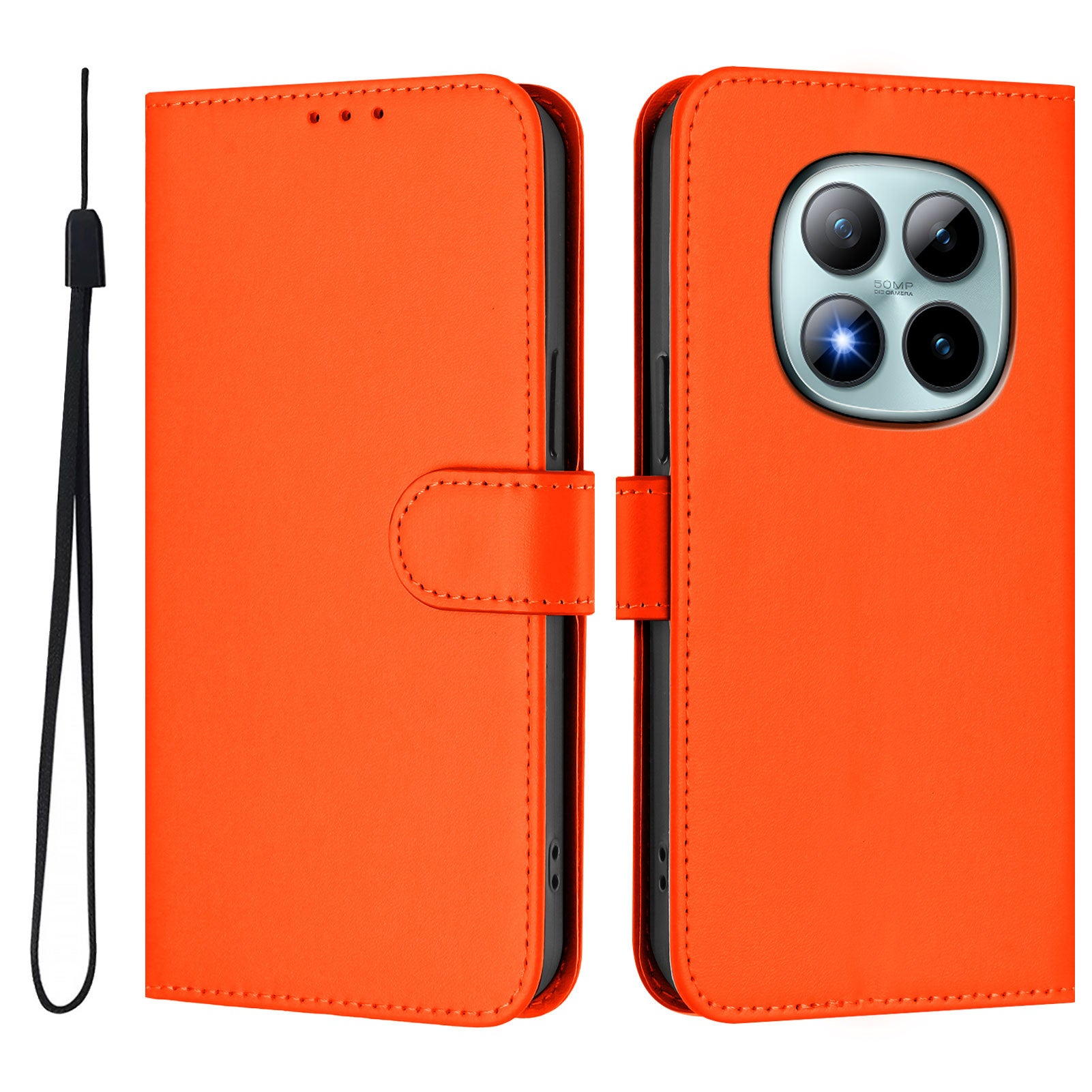 For Xiaomi Poco M8 Pro 5G / Redmi Note 15 Pro+ 5G (Global) Case Solid Color Wallet Leather Phone Cover with Strap - Orange