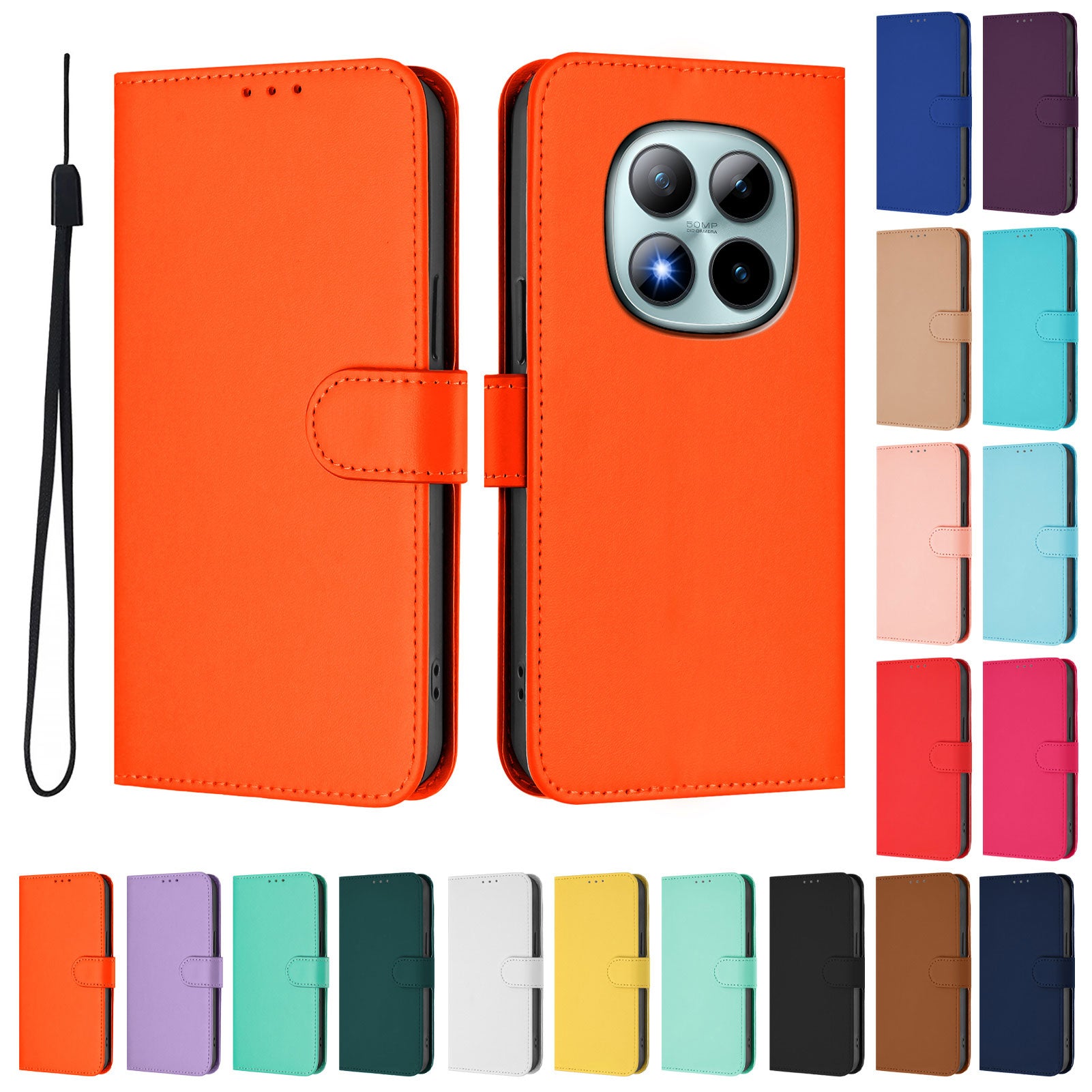 For Xiaomi Poco M8 Pro 5G / Redmi Note 15 Pro+ 5G (Global) Case Solid Color Wallet Leather Phone Cover with Strap - Orange