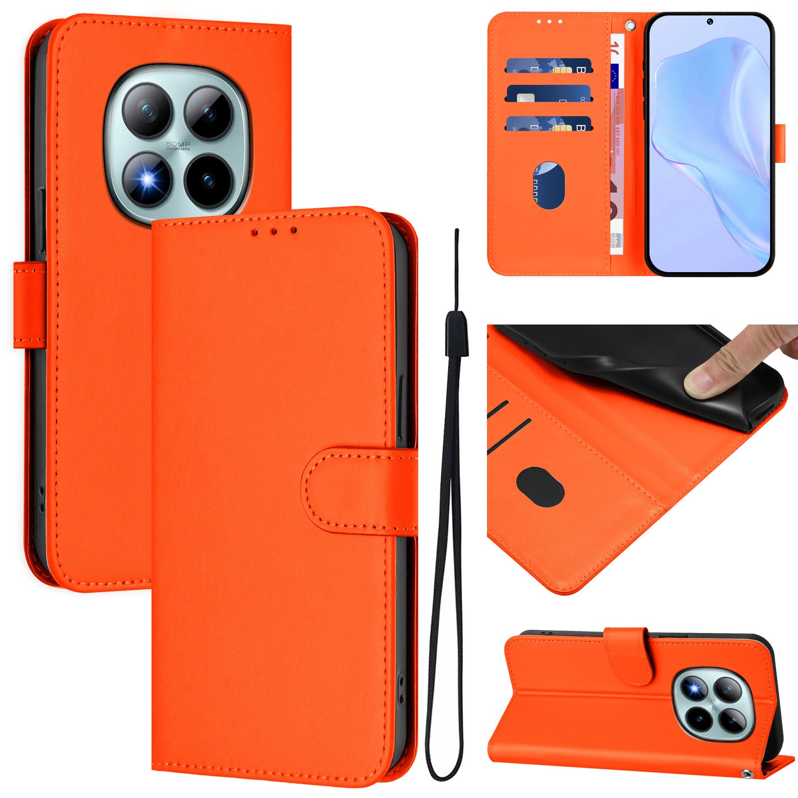 For Xiaomi Poco M8 Pro 5G / Redmi Note 15 Pro+ 5G (Global) Case Solid Color Wallet Leather Phone Cover with Strap - Orange