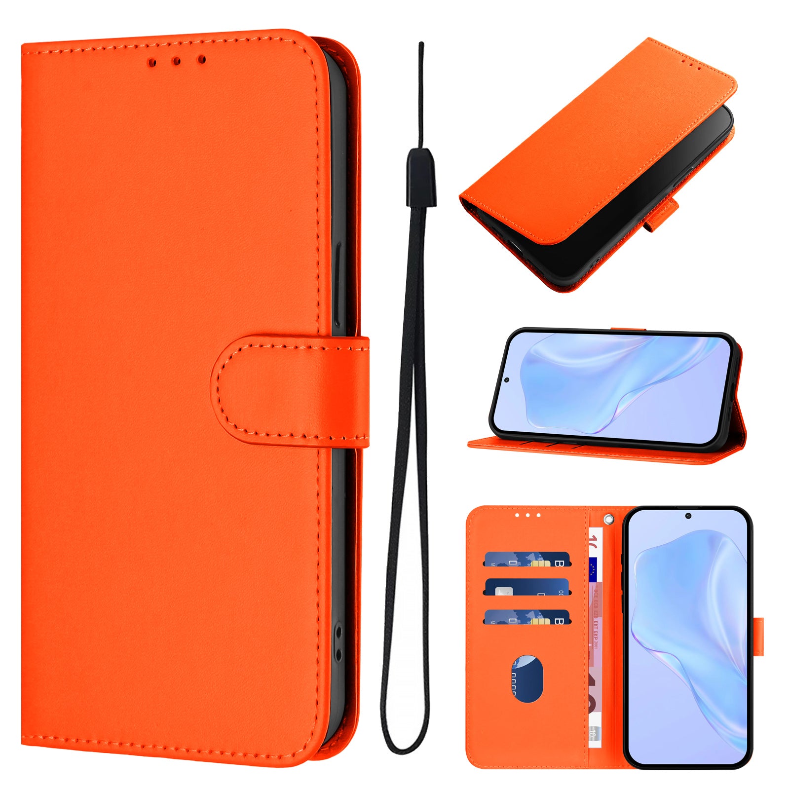 For Xiaomi Poco M8 Pro 5G / Redmi Note 15 Pro+ 5G (Global) Case Solid Color Wallet Leather Phone Cover with Strap - Orange
