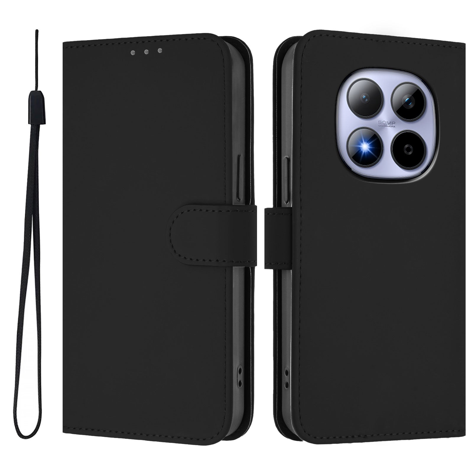 For Xiaomi Redmi Note 15 Pro 5G (Global) Case Solid Color Wallet Leather Phone Cover with Strap - Black