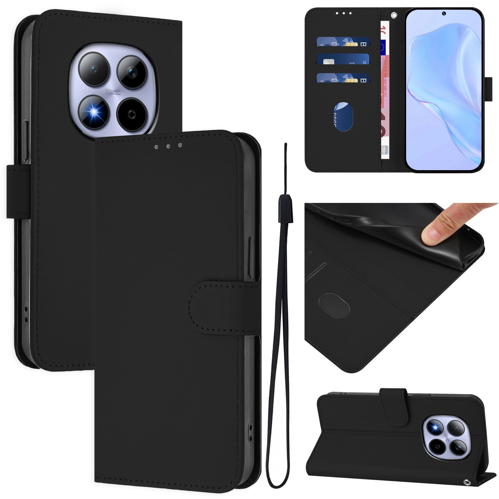 For Xiaomi Redmi Note 15 Pro 5G (Global) Case Solid Color Wallet Leather Phone Cover with Strap - Black
