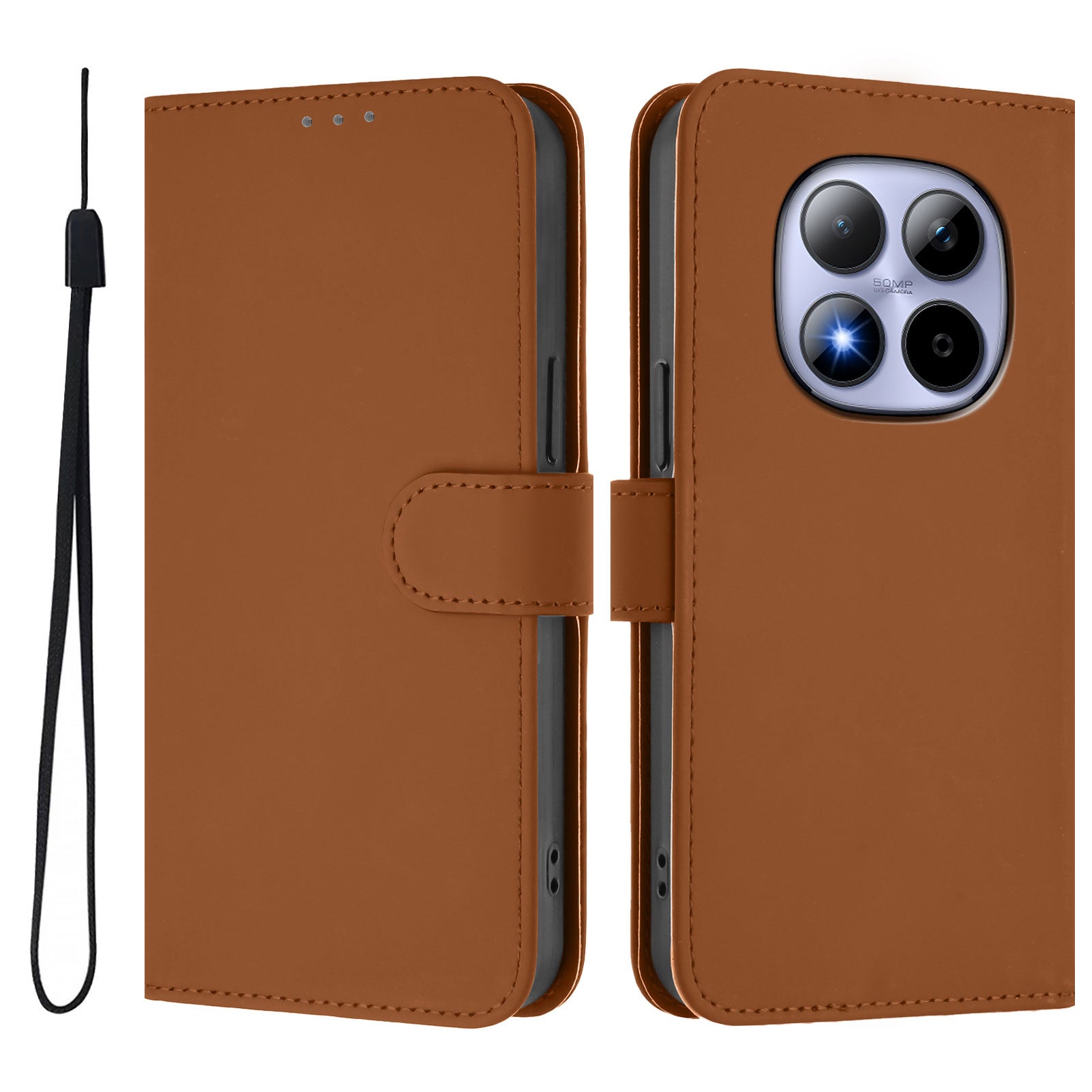 For Xiaomi Redmi Note 15 Pro 5G (Global) Case Solid Color Wallet Leather Phone Cover with Strap - Brown