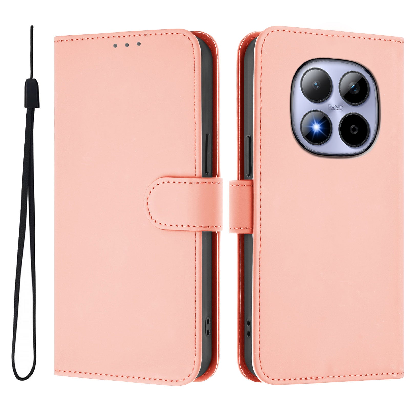 For Xiaomi Redmi Note 15 Pro 5G (Global) Case Solid Color Wallet Leather Phone Cover with Strap - Pink