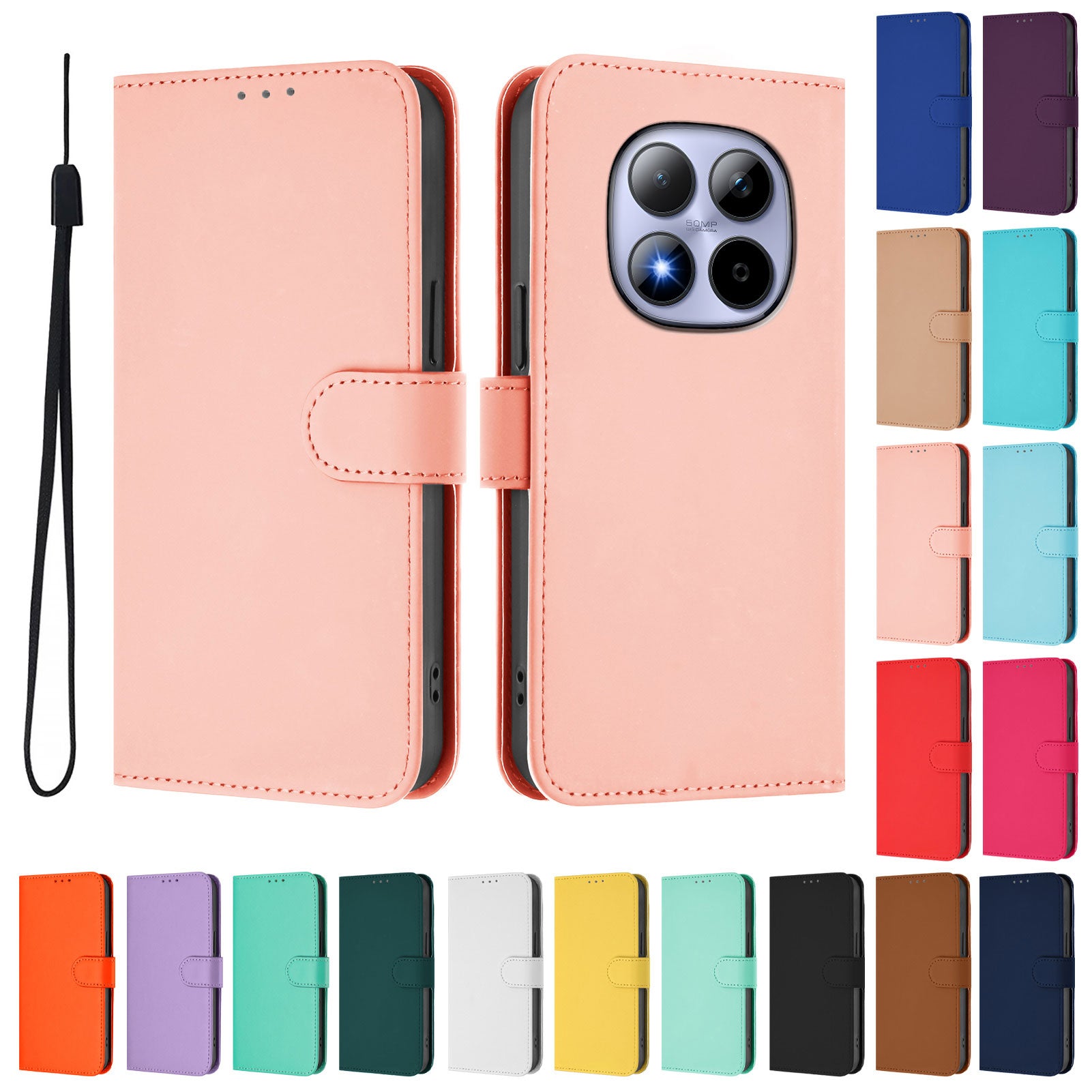 For Xiaomi Redmi Note 15 Pro 5G (Global) Case Solid Color Wallet Leather Phone Cover with Strap - Pink