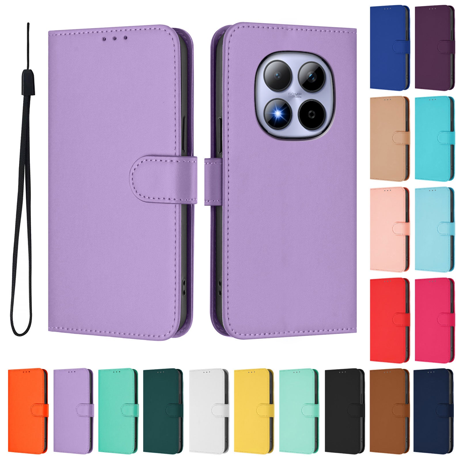 For Xiaomi Redmi Note 15 Pro 5G (Global) Case Solid Color Wallet Leather Phone Cover with Strap - Lavender