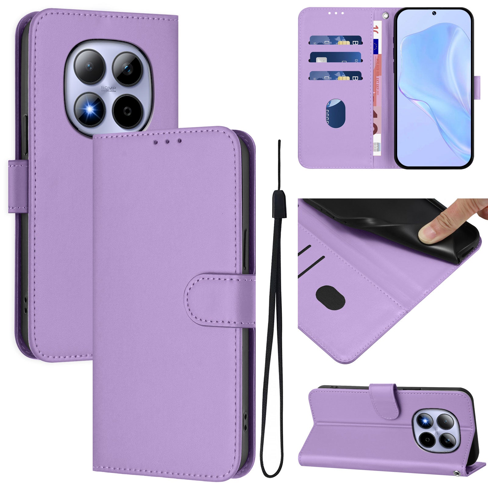 For Xiaomi Redmi Note 15 Pro 5G (Global) Case Solid Color Wallet Leather Phone Cover with Strap - Lavender
