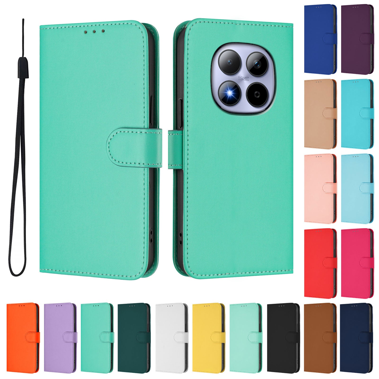 For Xiaomi Redmi Note 15 Pro 5G (Global) Case Solid Color Wallet Leather Phone Cover with Strap - Green