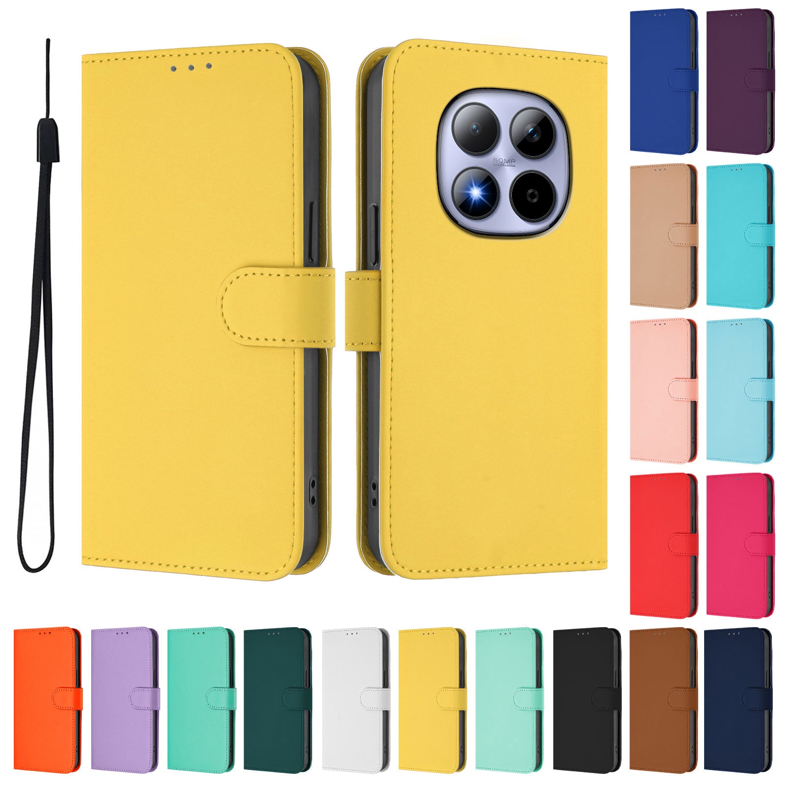 For Xiaomi Redmi Note 15 Pro 5G (Global) Case Solid Color Wallet Leather Phone Cover with Strap - Lemon