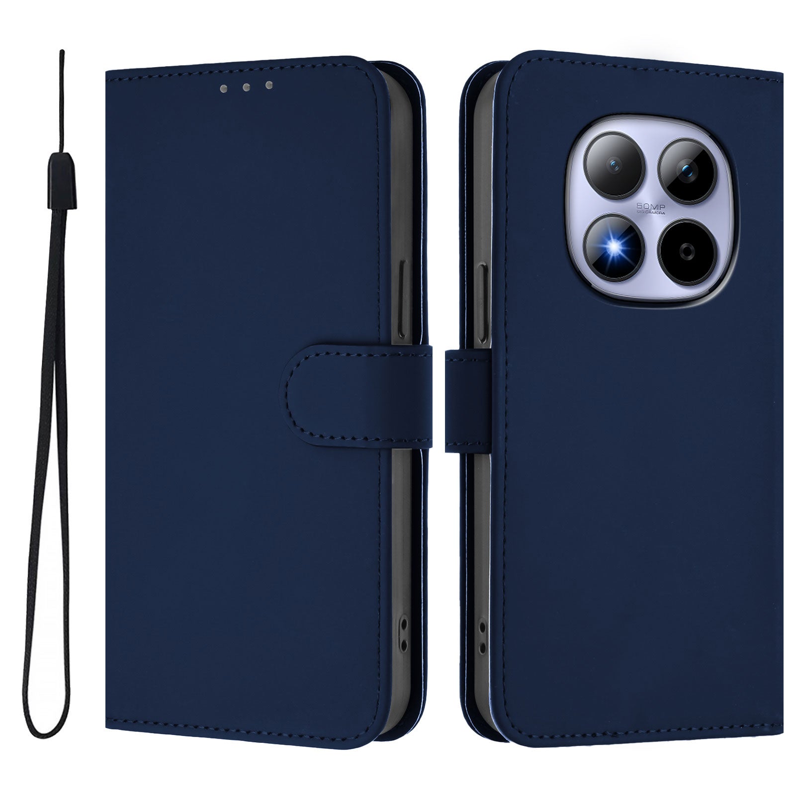 For Xiaomi Redmi Note 15 Pro 5G (Global) Case Solid Color Wallet Leather Phone Cover with Strap - Navy Blue