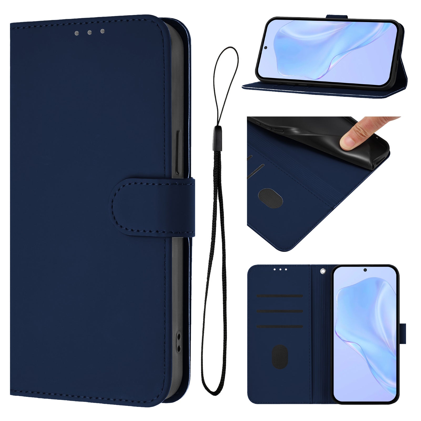 For Xiaomi Redmi Note 15 Pro 5G (Global) Case Solid Color Wallet Leather Phone Cover with Strap - Navy Blue