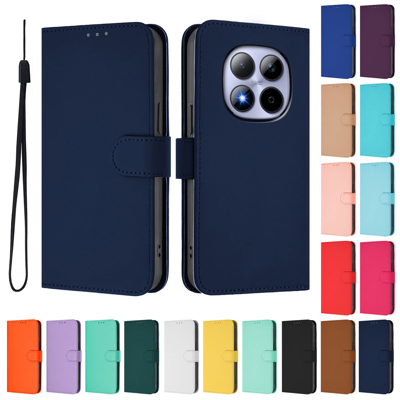 For Xiaomi Redmi Note 15 Pro 5G (Global) Case Solid Color Wallet Leather Phone Cover with Strap - Navy Blue