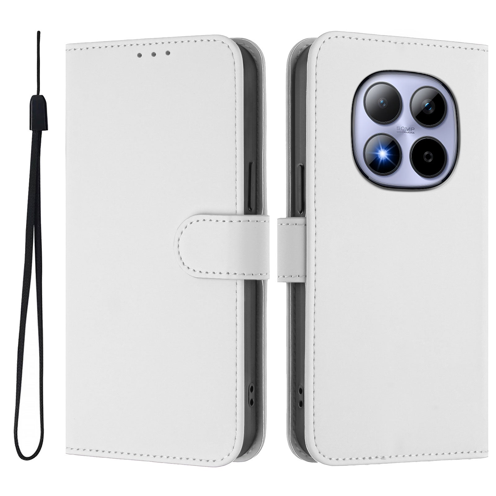 For Xiaomi Redmi Note 15 Pro 5G (Global) Case Solid Color Wallet Leather Phone Cover with Strap - White