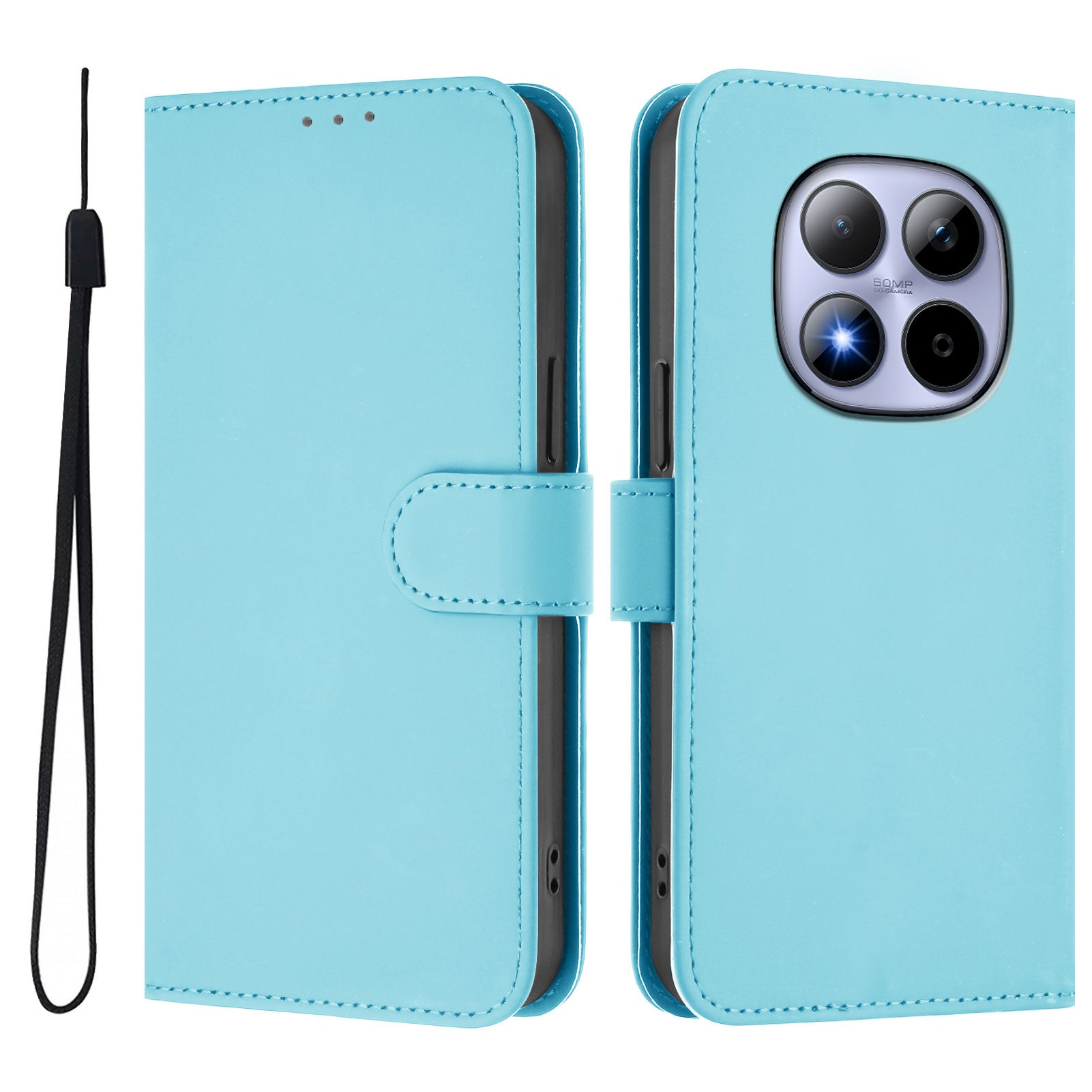 For Xiaomi Redmi Note 15 Pro 5G (Global) Case Solid Color Wallet Leather Phone Cover with Strap - Sky Blue