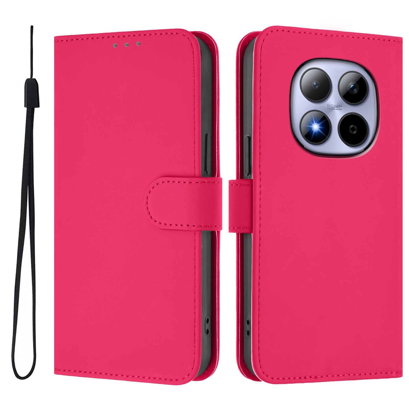 For Xiaomi Redmi Note 15 Pro 5G (Global) Case Solid Color Wallet Leather Phone Cover with Strap - Rose Red