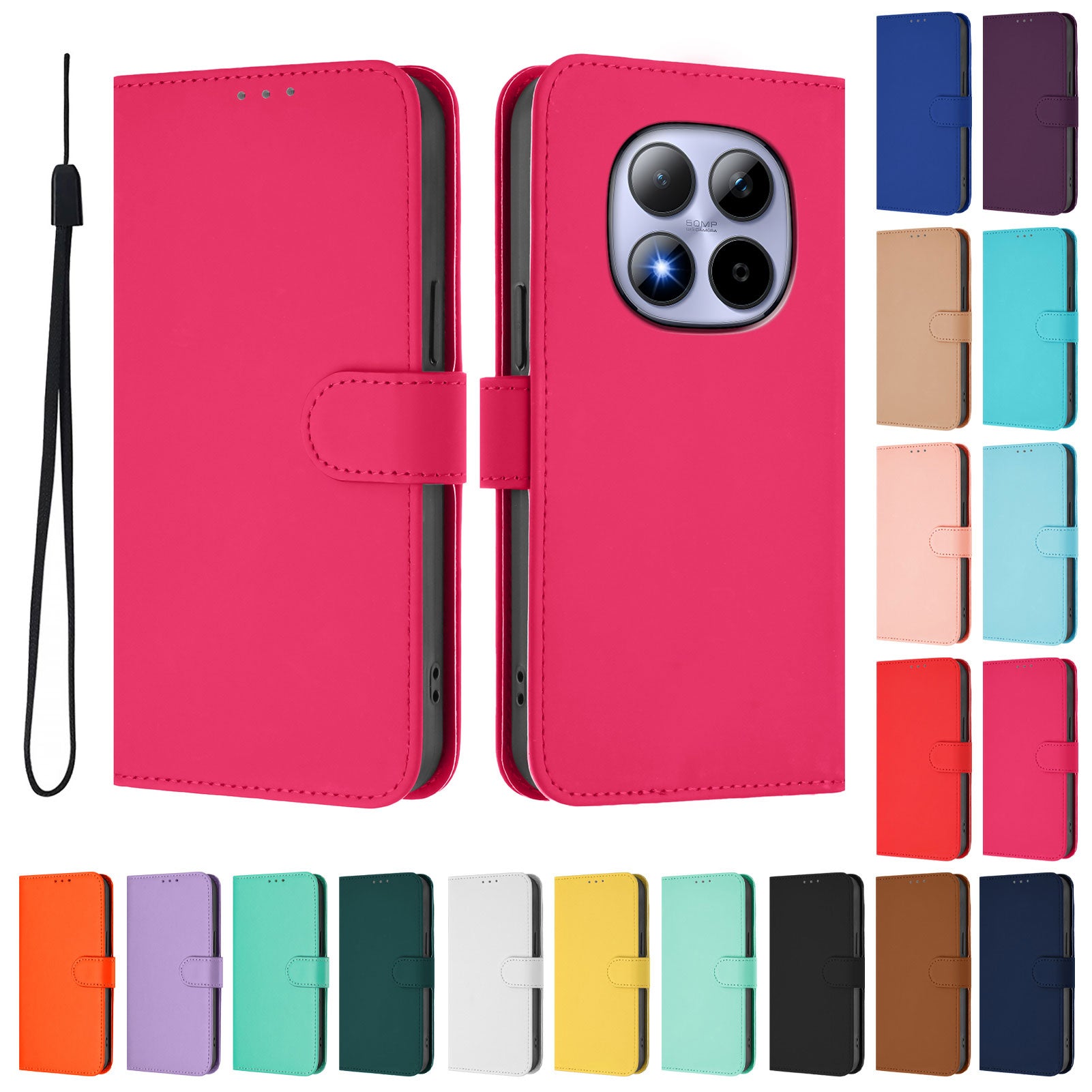 For Xiaomi Redmi Note 15 Pro 5G (Global) Case Solid Color Wallet Leather Phone Cover with Strap - Rose Red
