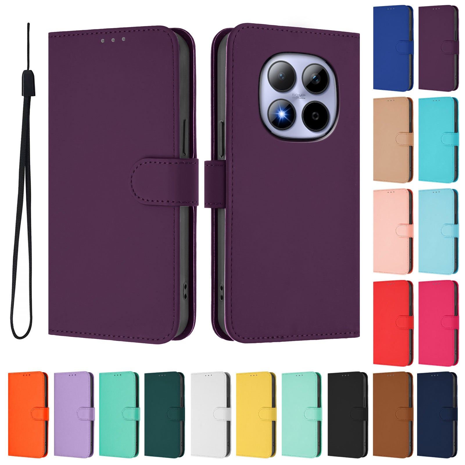 For Xiaomi Redmi Note 15 Pro 5G (Global) Case Solid Color Wallet Leather Phone Cover with Strap - Voilet