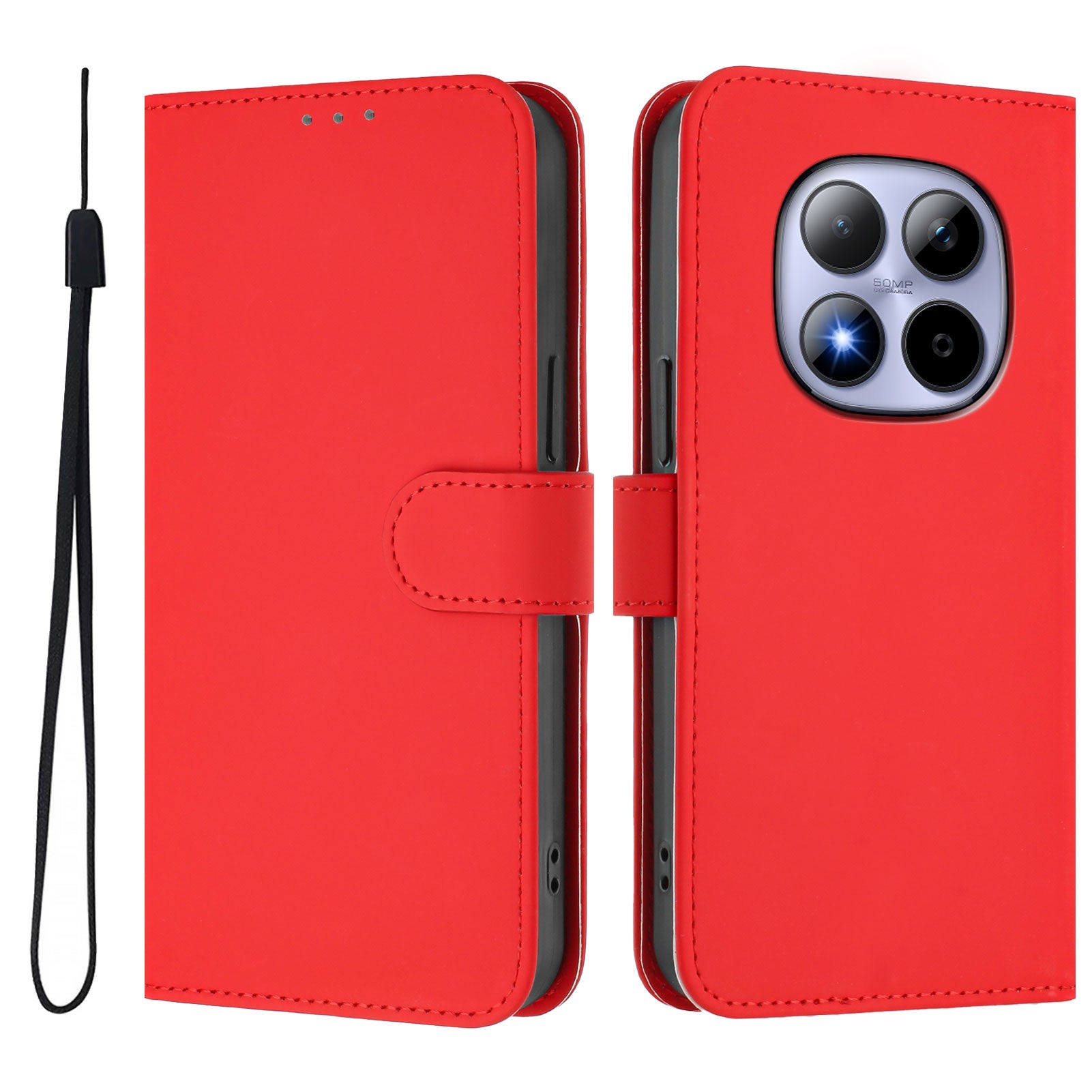 For Xiaomi Redmi Note 15 Pro 5G (Global) Case Solid Color Wallet Leather Phone Cover with Strap - Bright Red