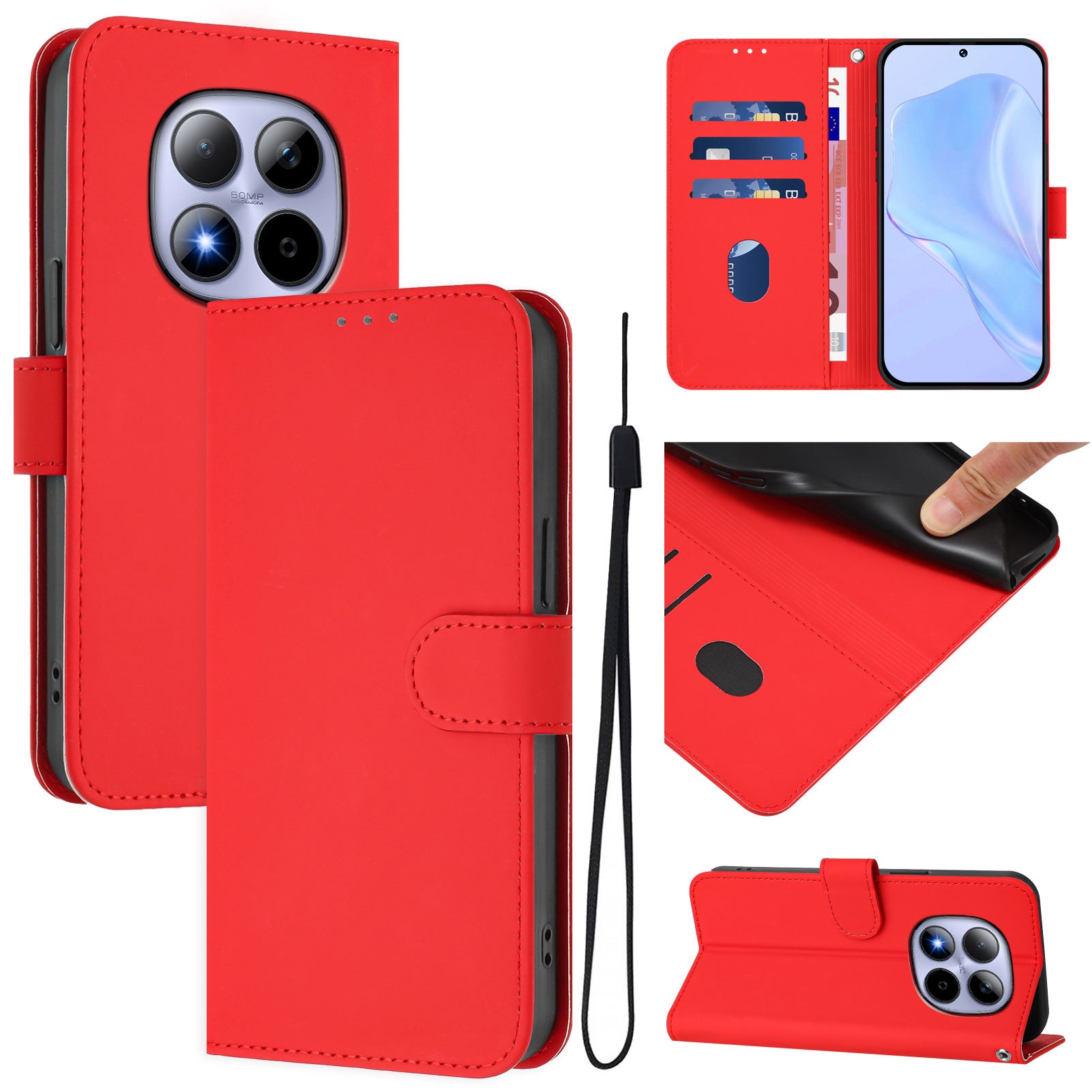 For Xiaomi Redmi Note 15 Pro 5G (Global) Case Solid Color Wallet Leather Phone Cover with Strap - Bright Red