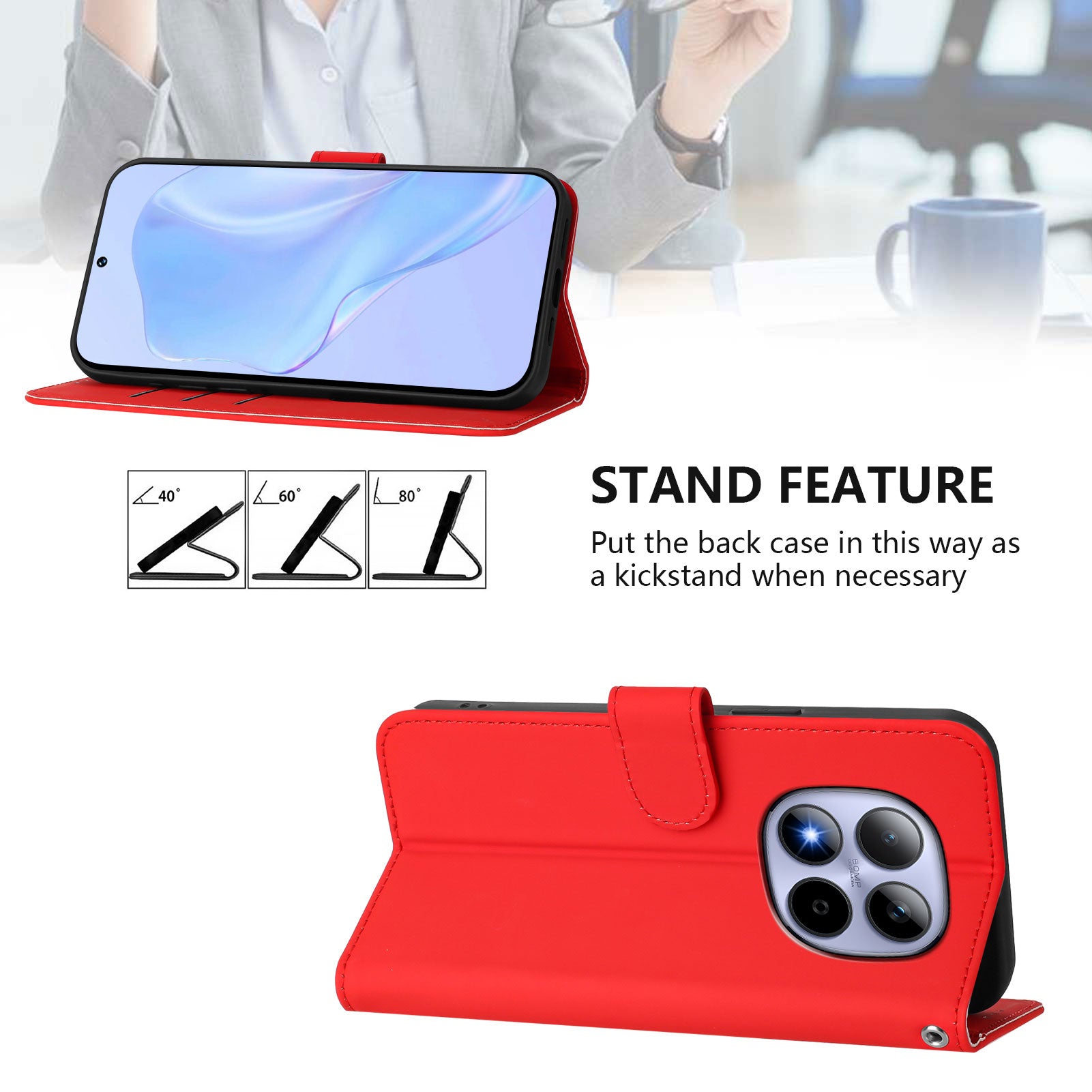 For Xiaomi Redmi Note 15 Pro 5G (Global) Case Solid Color Wallet Leather Phone Cover with Strap - Bright Red