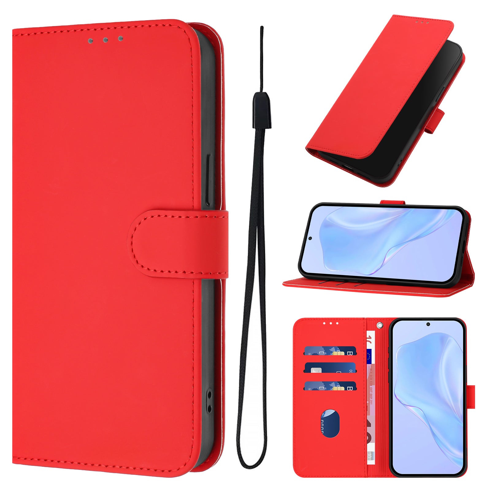 For Xiaomi Redmi Note 15 Pro 5G (Global) Case Solid Color Wallet Leather Phone Cover with Strap - Bright Red