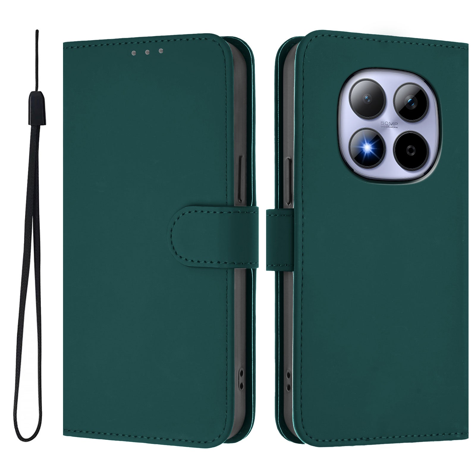 For Xiaomi Redmi Note 15 Pro 5G (Global) Case Solid Color Wallet Leather Phone Cover with Strap - Dark Green