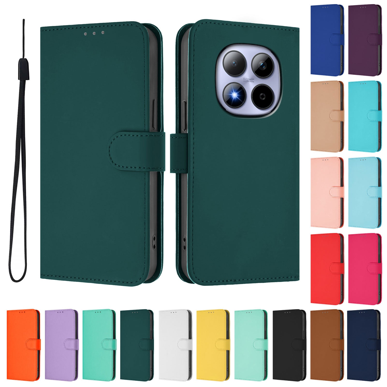 For Xiaomi Redmi Note 15 Pro 5G (Global) Case Solid Color Wallet Leather Phone Cover with Strap - Dark Green