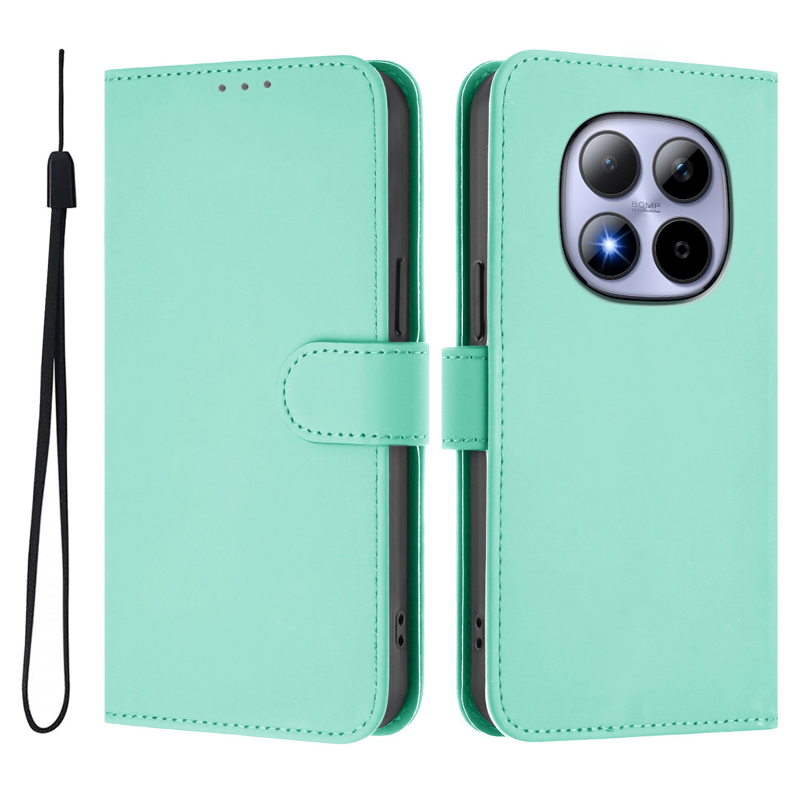 For Xiaomi Redmi Note 15 Pro 5G (Global) Case Solid Color Wallet Leather Phone Cover with Strap - Mint Green