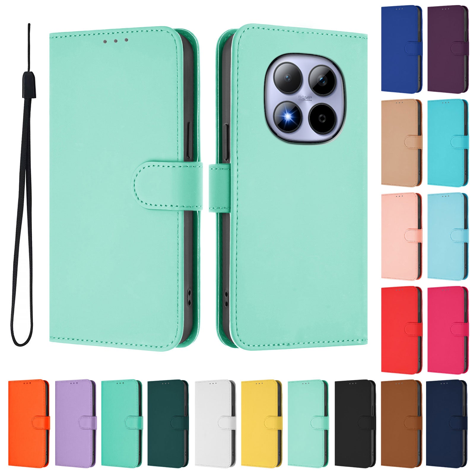 For Xiaomi Redmi Note 15 Pro 5G (Global) Case Solid Color Wallet Leather Phone Cover with Strap - Mint Green
