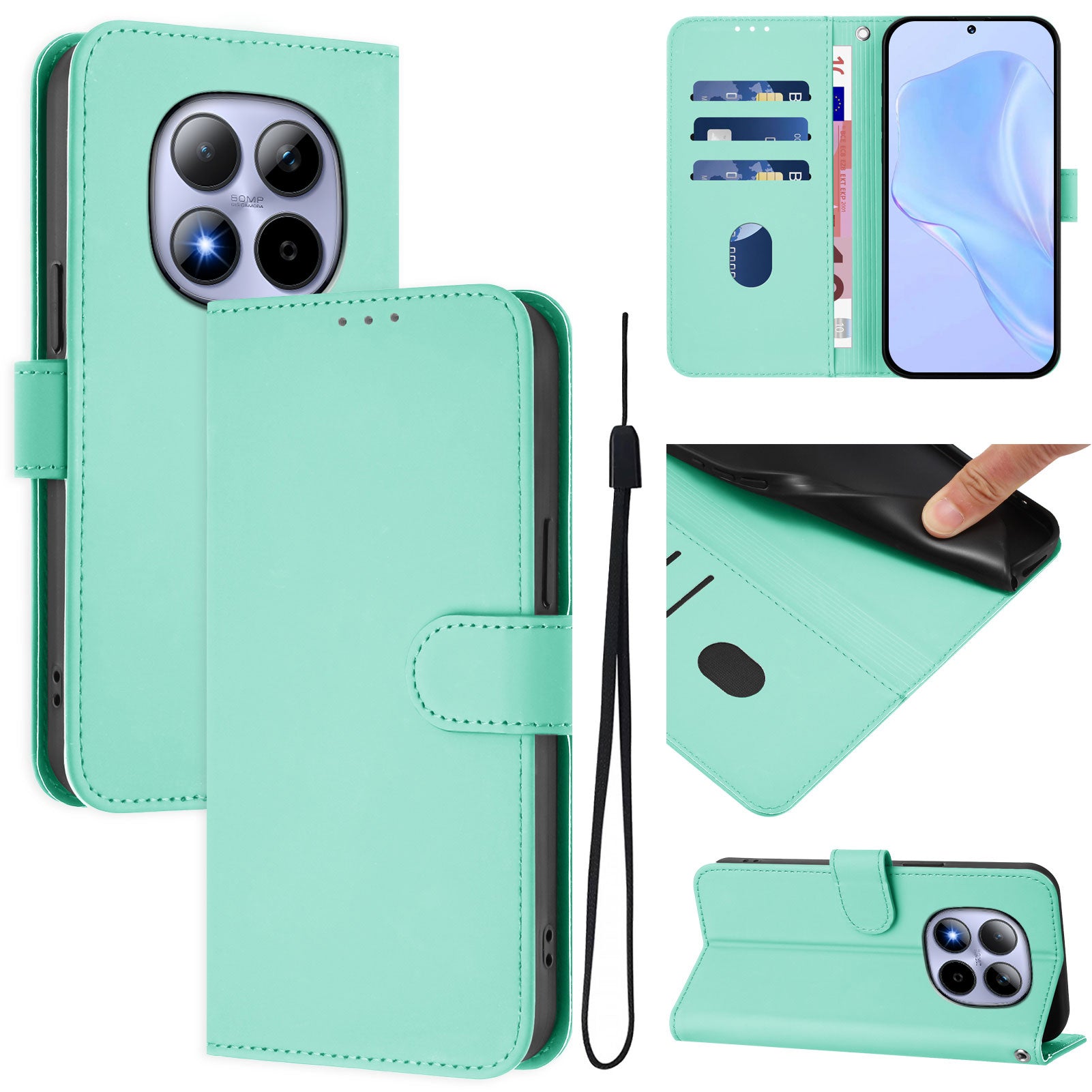 For Xiaomi Redmi Note 15 Pro 5G (Global) Case Solid Color Wallet Leather Phone Cover with Strap - Mint Green