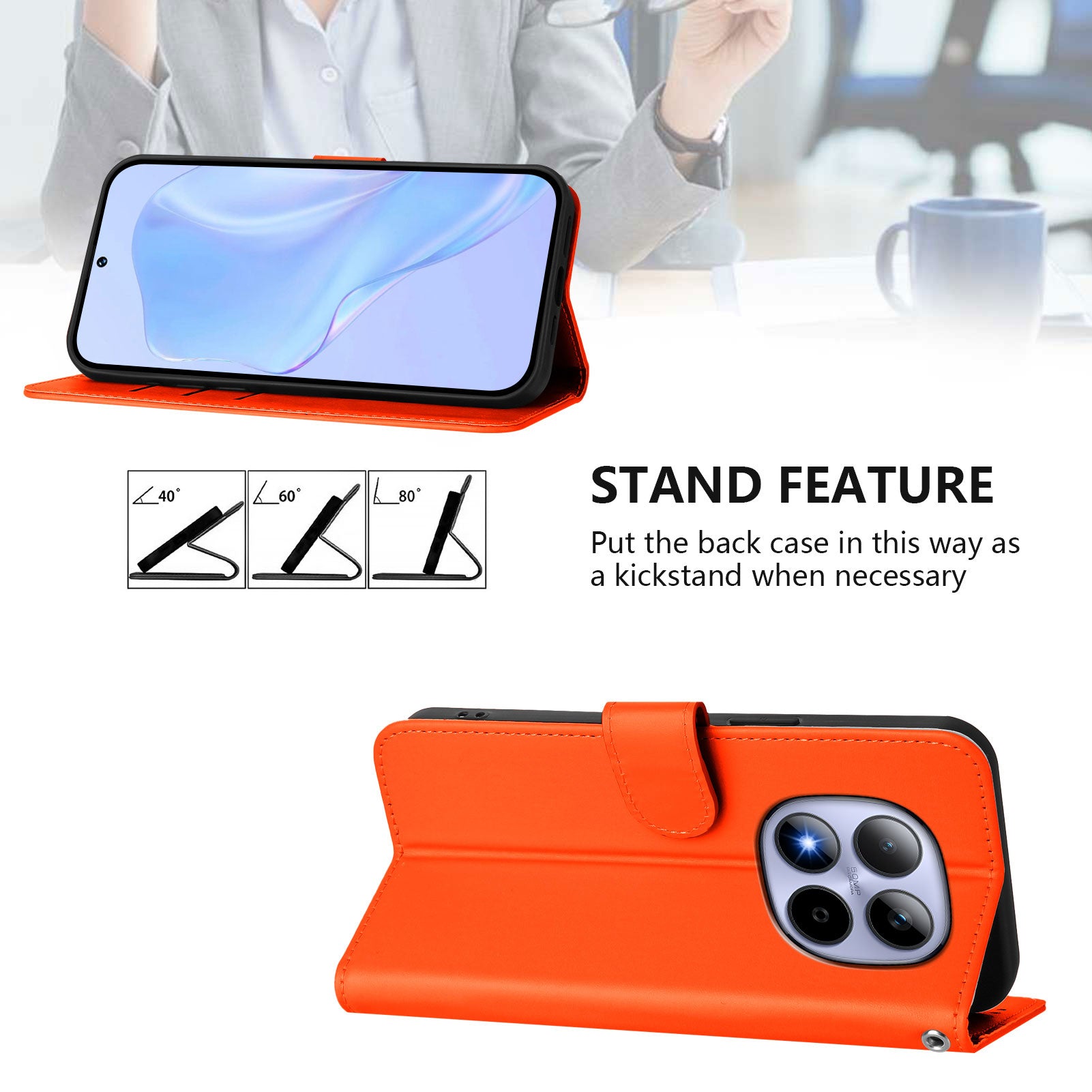 For Xiaomi Redmi Note 15 Pro 5G (Global) Case Solid Color Wallet Leather Phone Cover with Strap - Orange