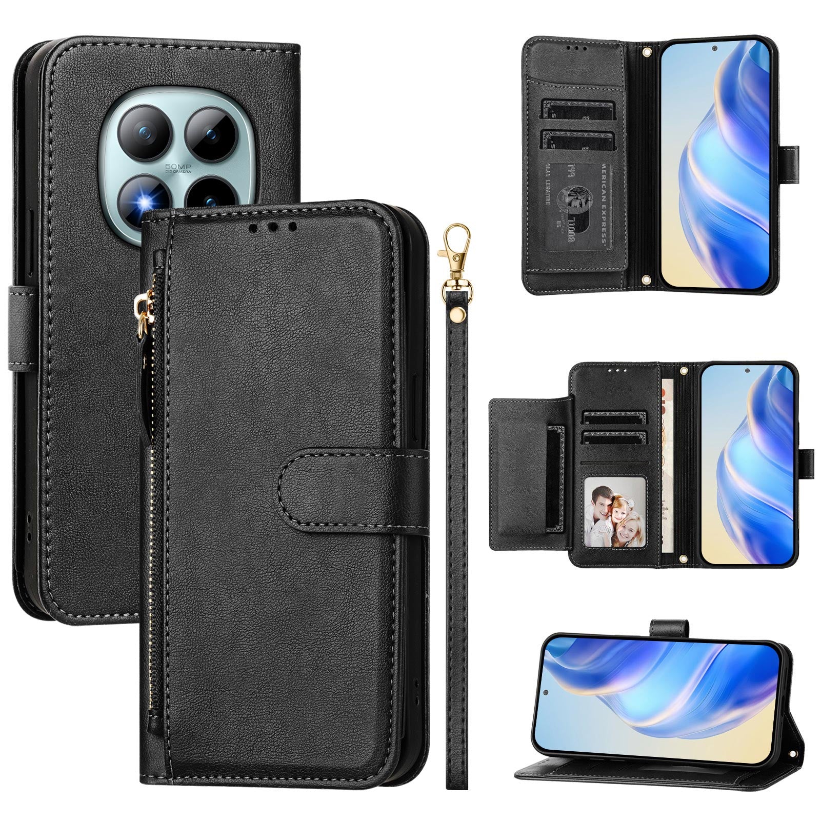 For Xiaomi Poco M8 Pro 5G / Redmi Note 15 Pro+ 5G (Global) Case Zipper Pocket Multiple Card Slots Leather Phone Cover - Black