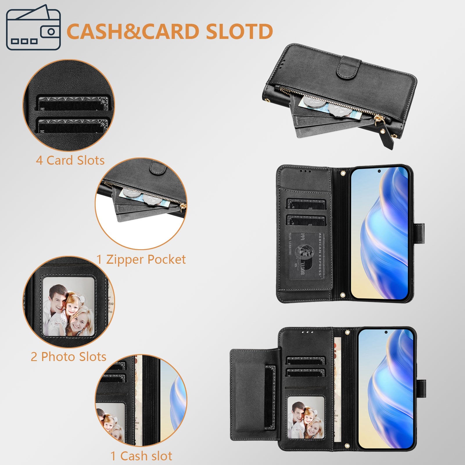 For Xiaomi Poco M8 Pro 5G / Redmi Note 15 Pro+ 5G (Global) Case Zipper Pocket Multiple Card Slots Leather Phone Cover - Black