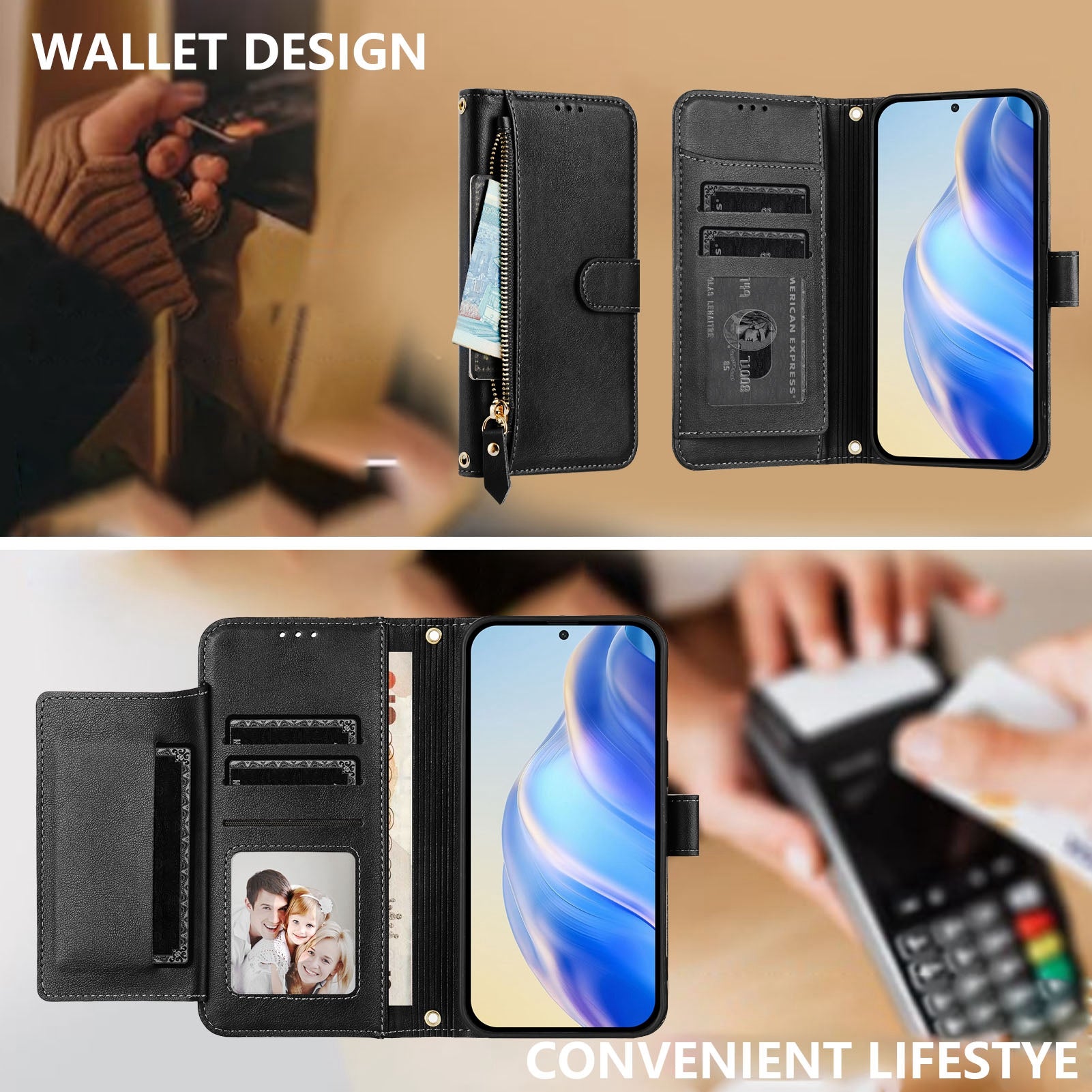For Xiaomi Poco M8 Pro 5G / Redmi Note 15 Pro+ 5G (Global) Case Zipper Pocket Multiple Card Slots Leather Phone Cover - Black