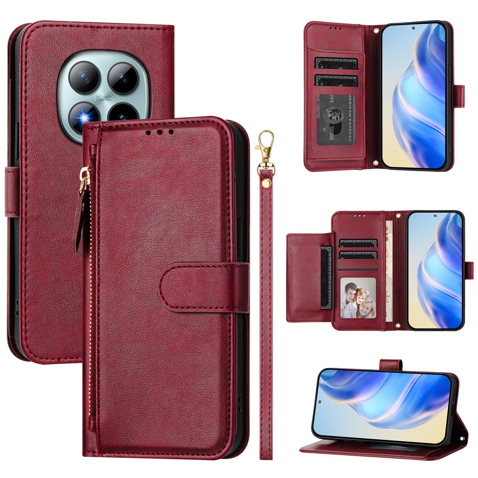 For Xiaomi Poco M8 Pro 5G / Redmi Note 15 Pro+ 5G (Global) Case Zipper Pocket Multiple Card Slots Leather Phone Cover - Red
