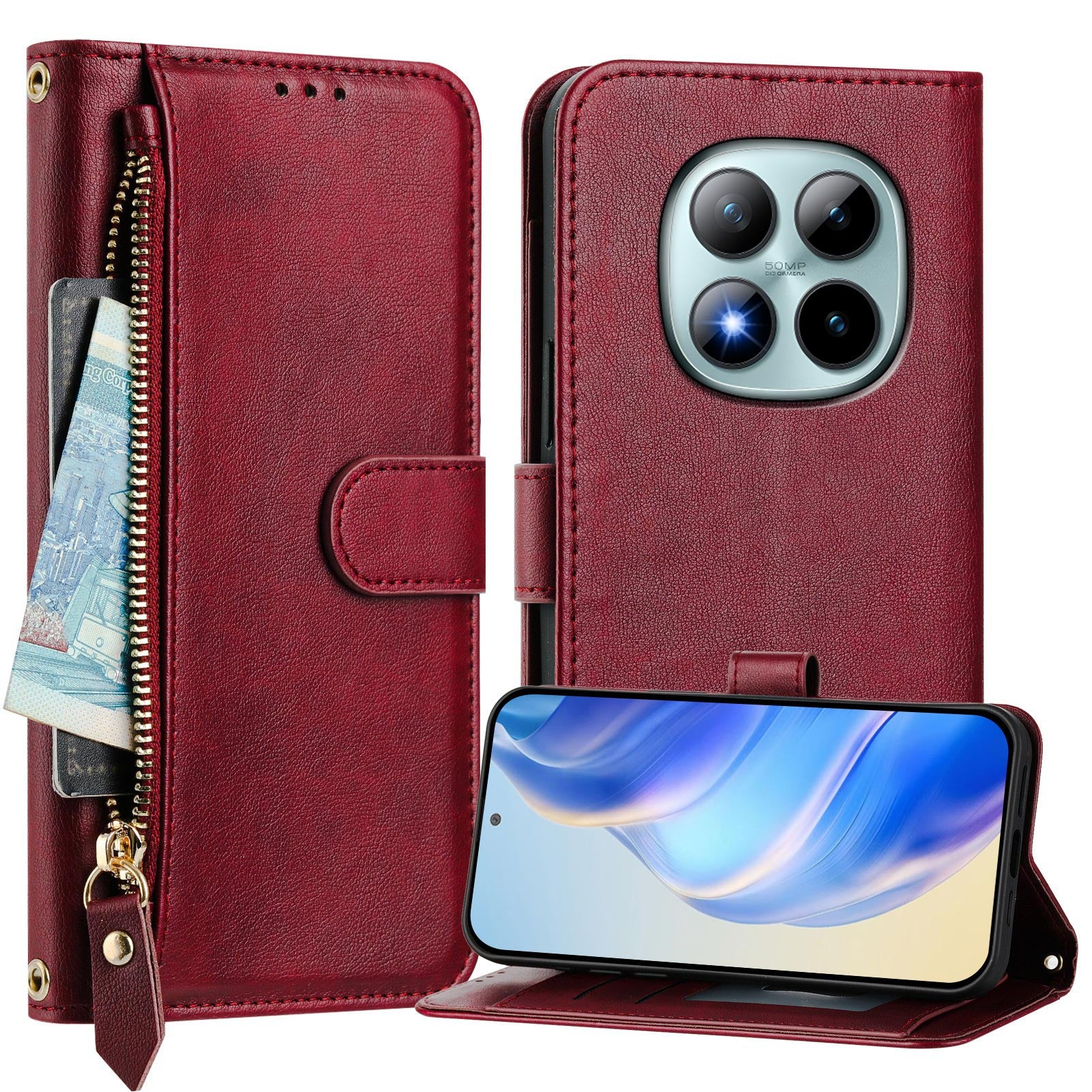 For Xiaomi Poco M8 Pro 5G / Redmi Note 15 Pro+ 5G (Global) Case Zipper Pocket Multiple Card Slots Leather Phone Cover - Red