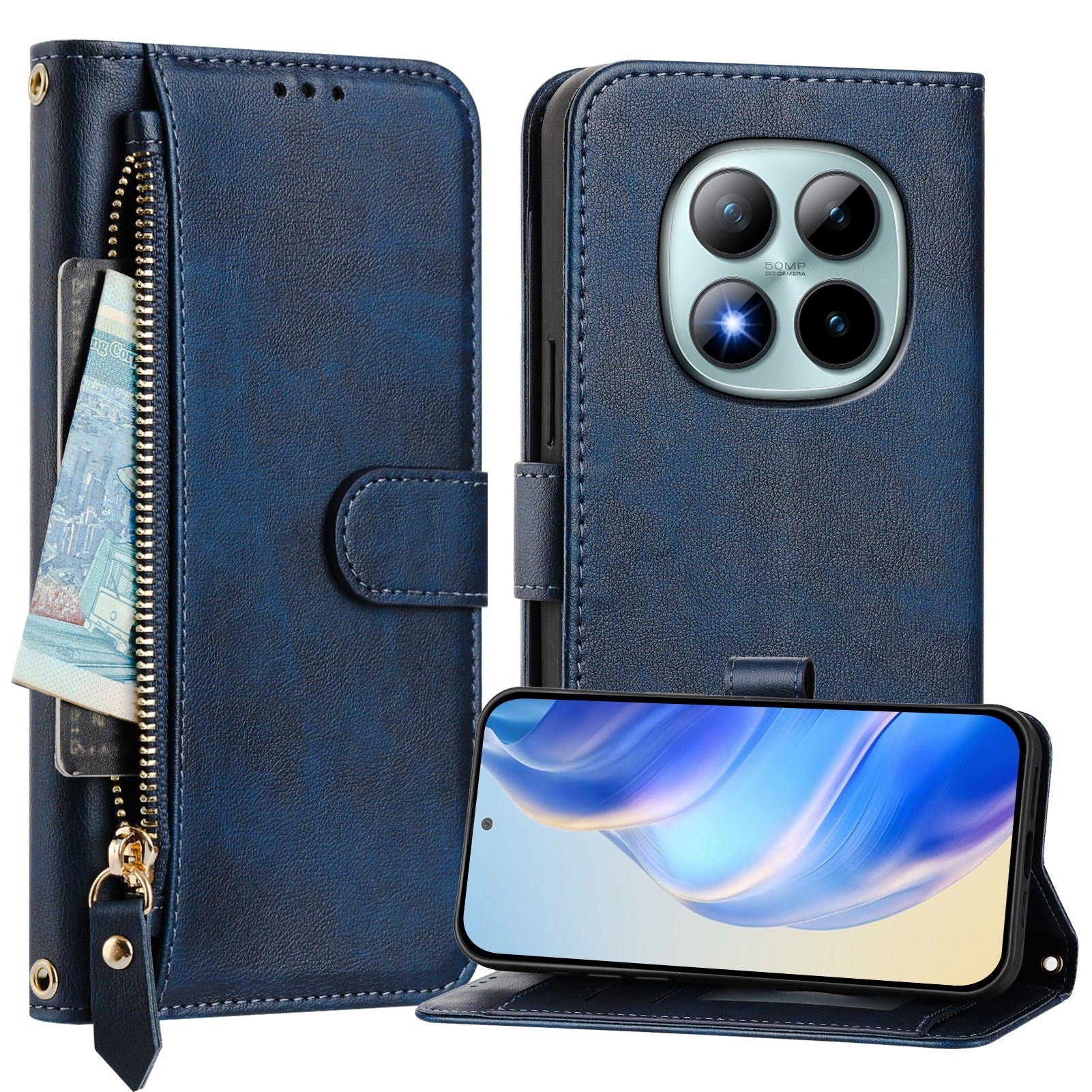 For Xiaomi Poco M8 Pro 5G / Redmi Note 15 Pro+ 5G (Global) Case Zipper Pocket Multiple Card Slots Leather Phone Cover - Blue