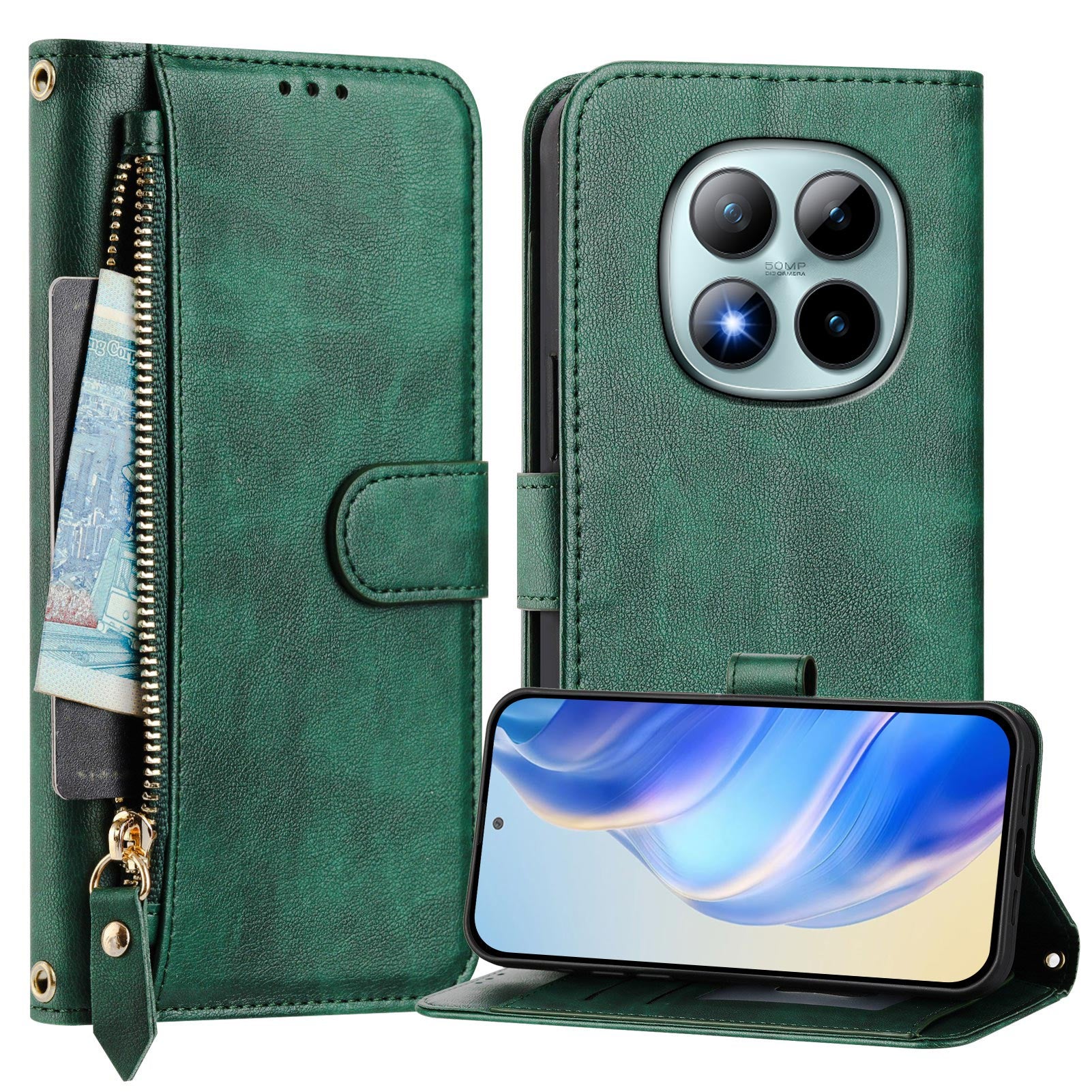 For Xiaomi Poco M8 Pro 5G / Redmi Note 15 Pro+ 5G (Global) Case Zipper Pocket Multiple Card Slots Leather Phone Cover - Green