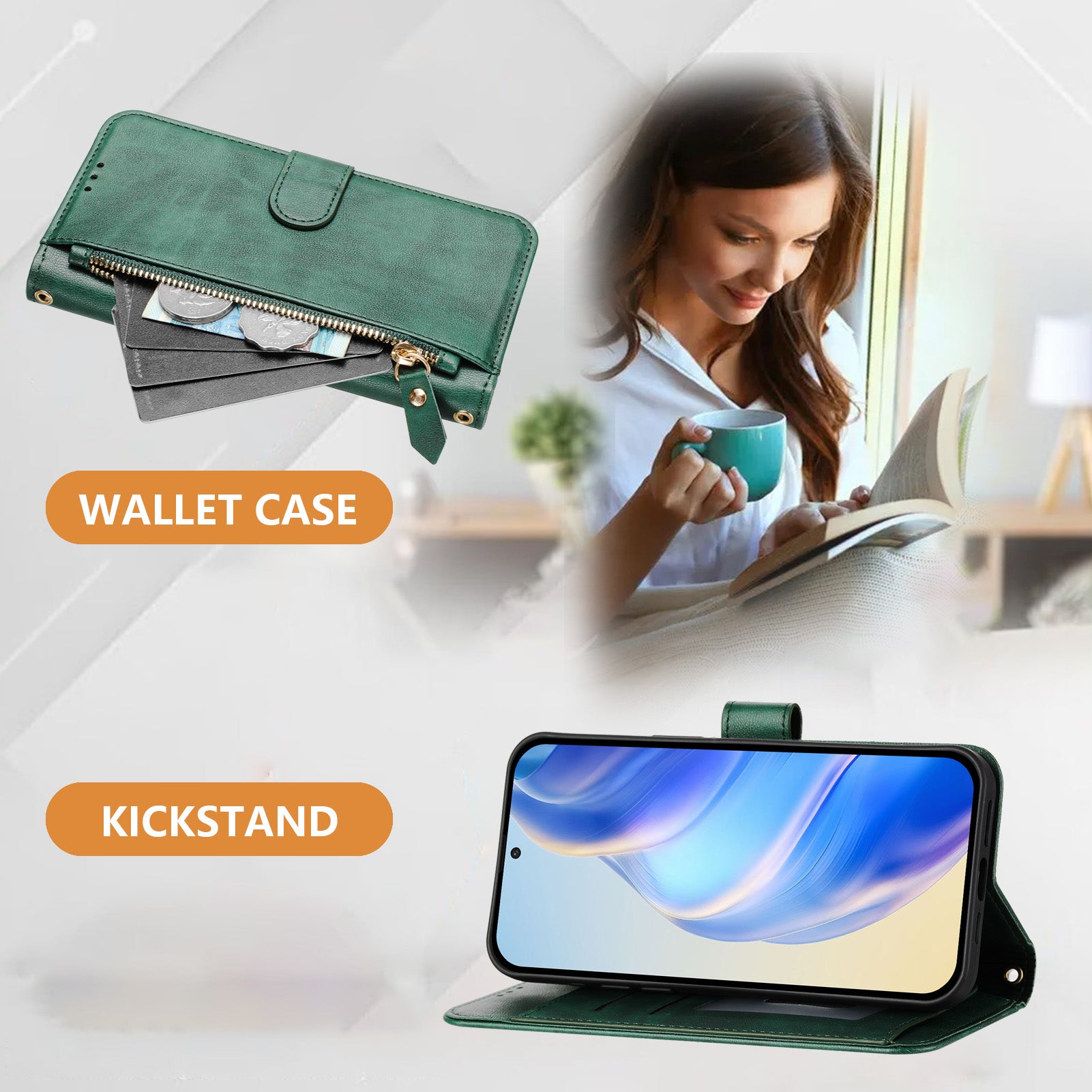 For Xiaomi Poco M8 Pro 5G / Redmi Note 15 Pro+ 5G (Global) Case Zipper Pocket Multiple Card Slots Leather Phone Cover - Green