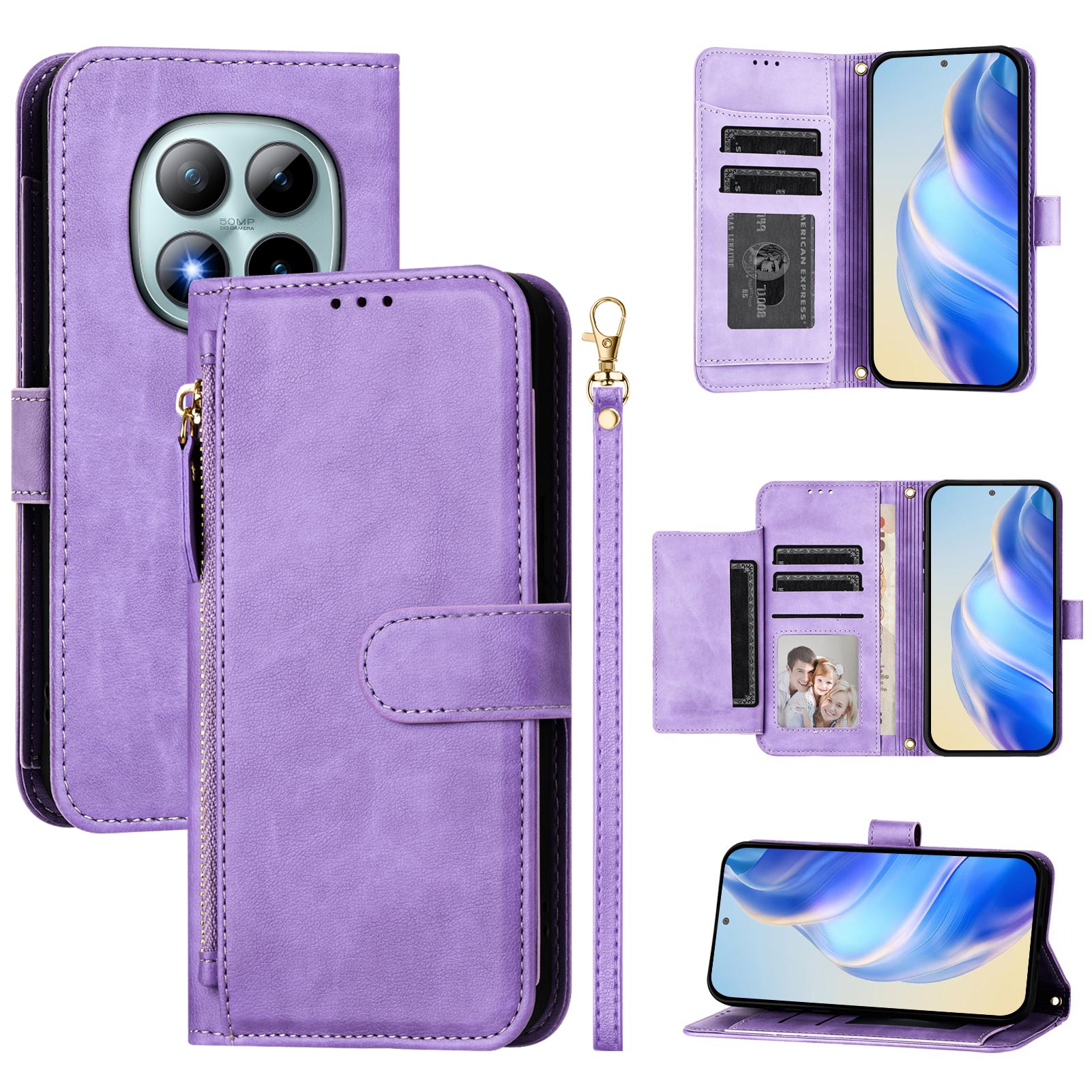 For Xiaomi Poco M8 Pro 5G / Redmi Note 15 Pro+ 5G (Global) Case Zipper Pocket Multiple Card Slots Leather Phone Cover - Purple