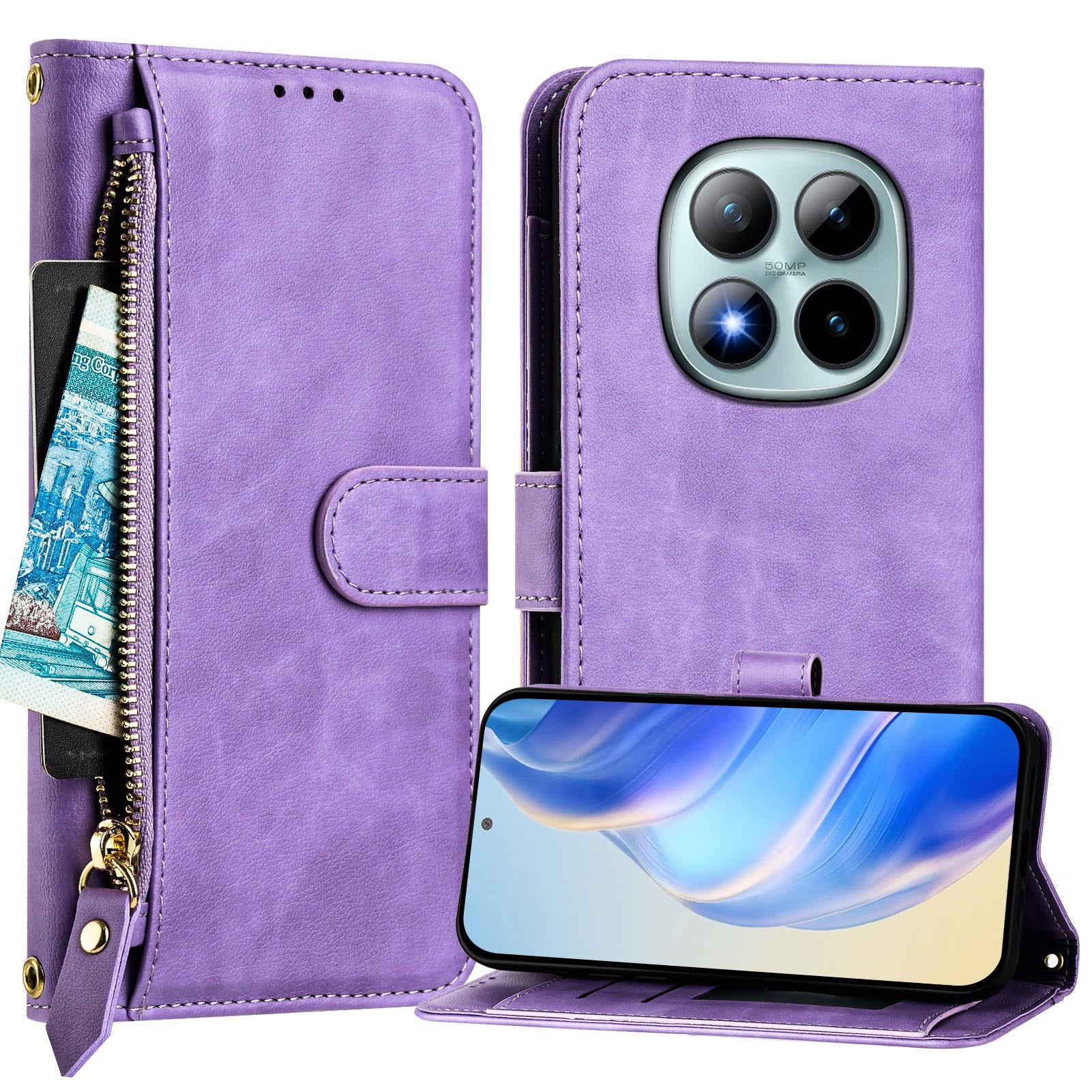 For Xiaomi Poco M8 Pro 5G / Redmi Note 15 Pro+ 5G (Global) Case Zipper Pocket Multiple Card Slots Leather Phone Cover - Purple