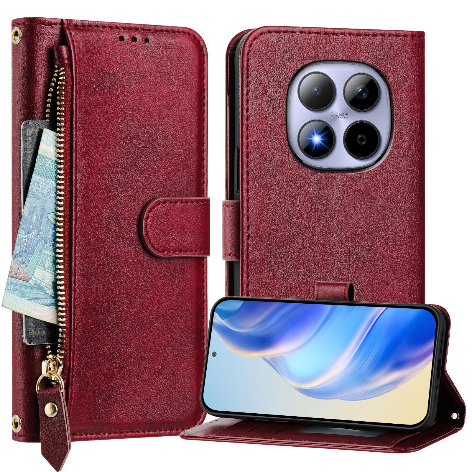 For Xiaomi Redmi Note 15 Pro 5G (Global) Case Zipper Pocket Multiple Card Slots Leather Phone Cover - Red