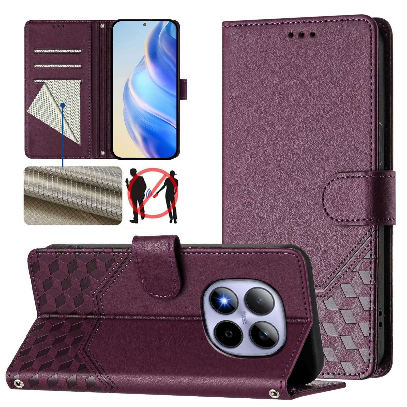 For Xiaomi Redmi Note 15 Pro 5G (Global) Case Imprinted Honeycomb RFID Blocking Leather Phone Cover with Strap - Dark Purple