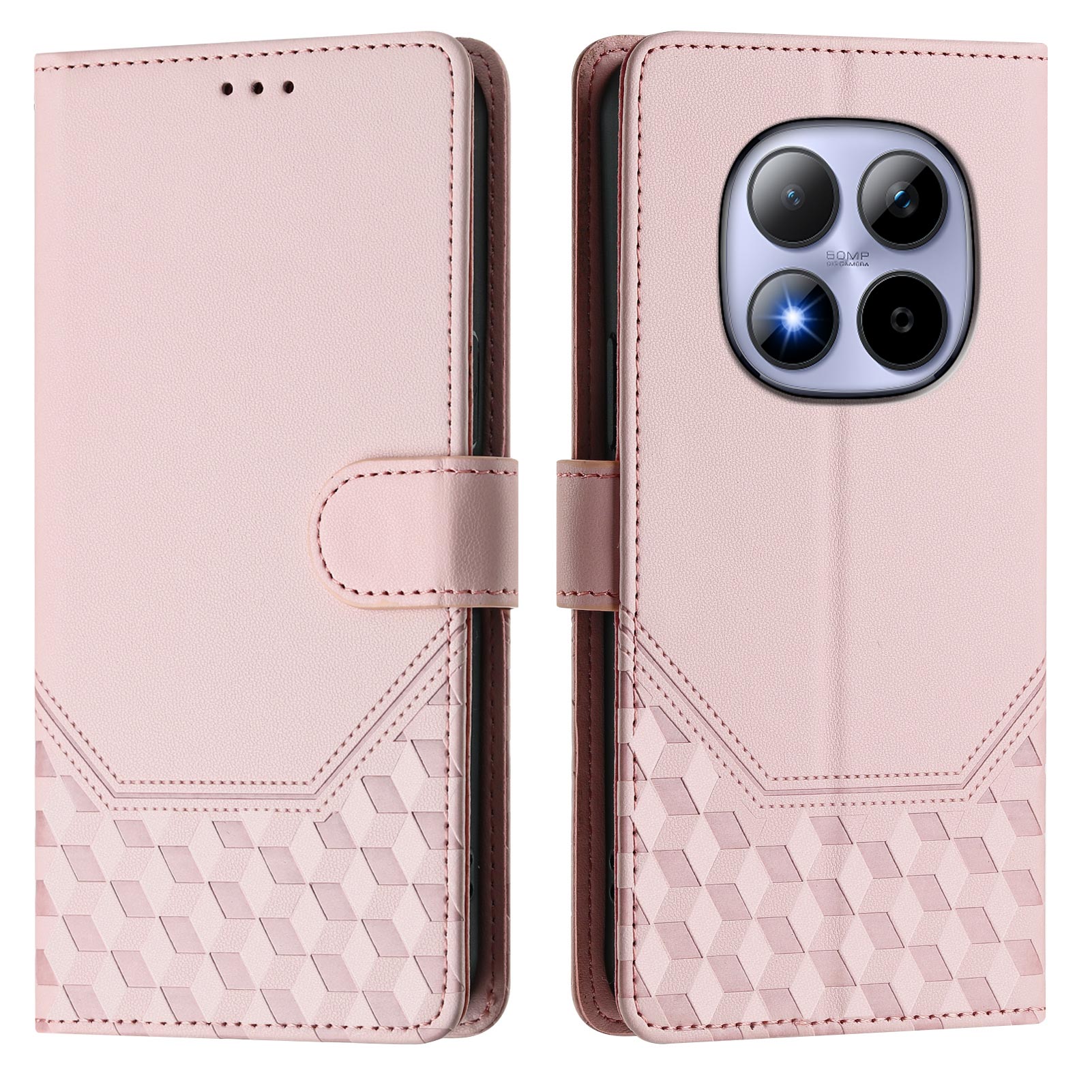 For Xiaomi Redmi Note 15 Pro 5G (Global) Case Imprinted Honeycomb RFID Blocking Leather Phone Cover with Strap - Pink