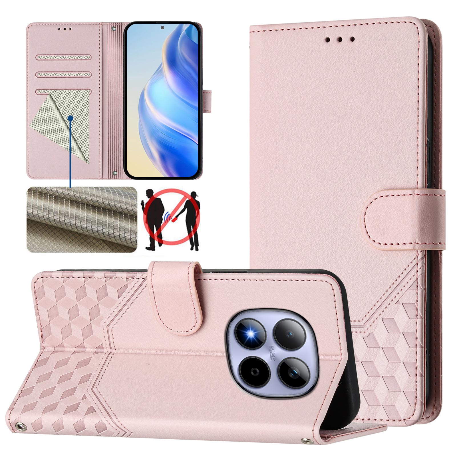 For Xiaomi Redmi Note 15 Pro 5G (Global) Case Imprinted Honeycomb RFID Blocking Leather Phone Cover with Strap - Pink